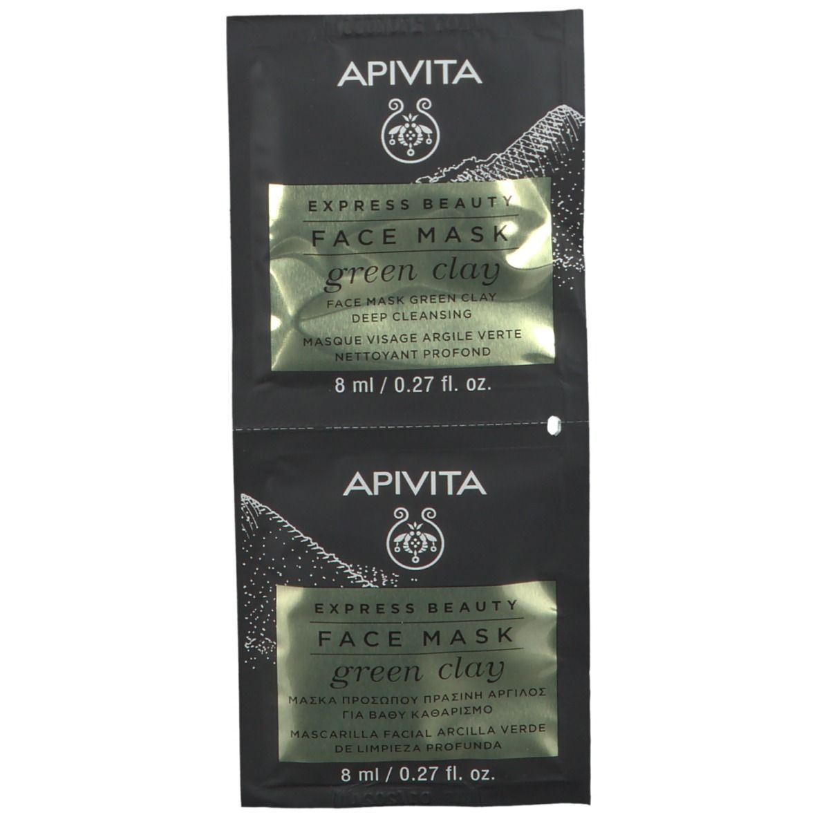 Due bustine nere con scritta "EXPRESS BEAUTY FACE MASK green clay". Marchio APIVITA. 8 ml / 0.27 fl. oz.