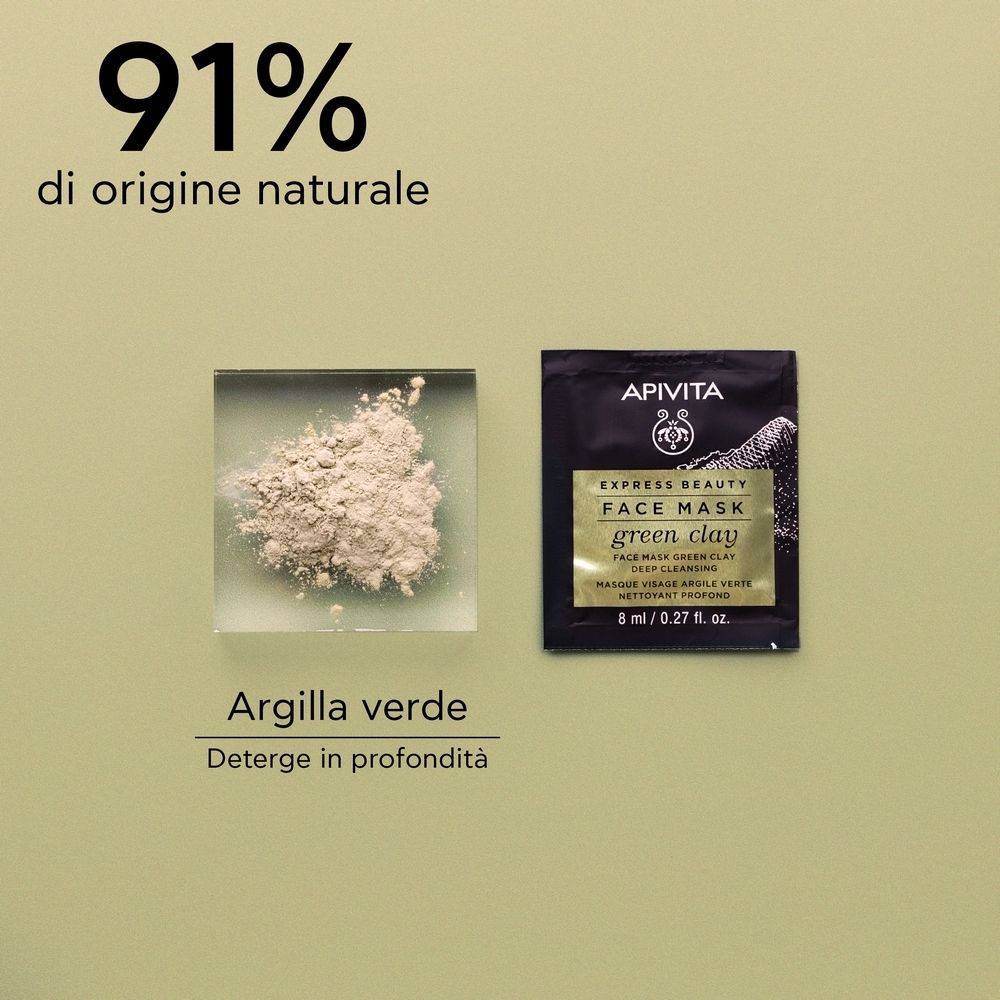 Bustina e argilla verde accanto al testo. "91% di origine naturale". Marchio APIVITA. 8 ml / 0.27 fl. oz.