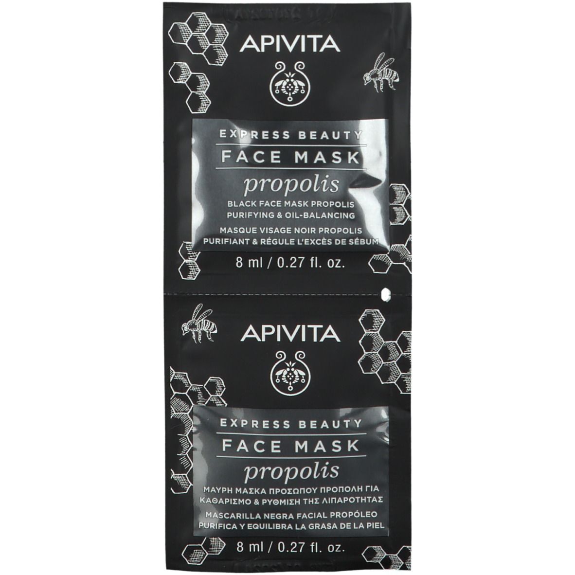 Zwei schwarze APIVITA EXPRESS BEAUTY Gesichtsmasken Propolis-Verpackungen. Aufschrift: FACE MASK, Propolis, 8 ml / 0.27 fl. oz.