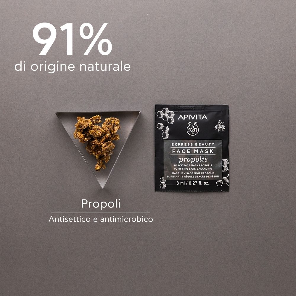 Propolis und APIVITA EXPRESS BEAUTY FACE MASK Propolis-Verpackung. Text: 91% di origine naturale.
