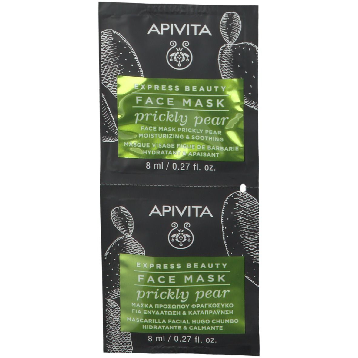 Due confezioni nere di maschera viso con etichetta verde. Scritta: EXPRESS BEAUTY FACE MASK prickly pear.