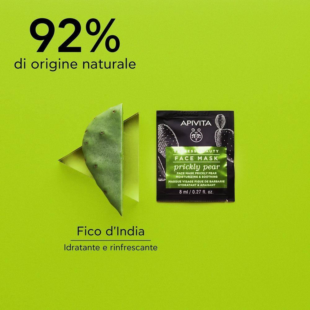 Sfondo verde con foglia di cactus e confezione di maschera viso. Scritta: EXPRESS BEAUTY FACE MASK prickly pear.