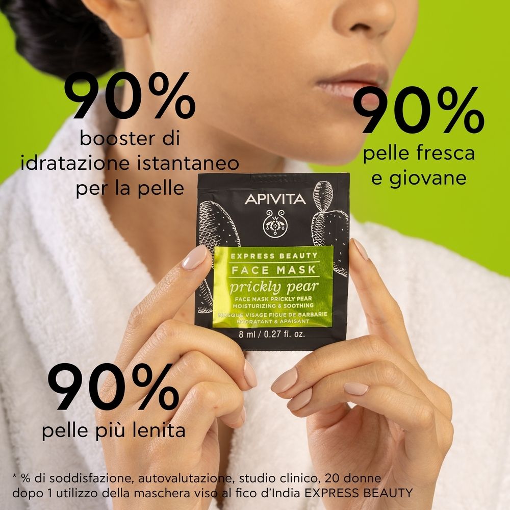 Confezione di maschera viso su sfondo verde. Scritta: EXPRESS BEAUTY FACE MASK prickly pear. Testo: 90% pelle, 90% idratazione.