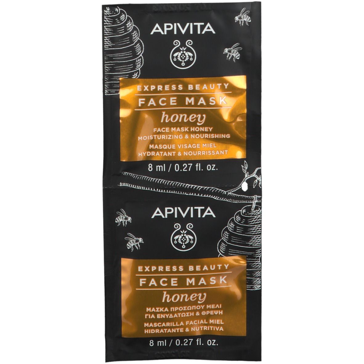 Due bustine nere APIVITA EXPRESS BEAUTY Face Mask Honey. Scritta: honey, 8 ml / 0.27 fl. oz.