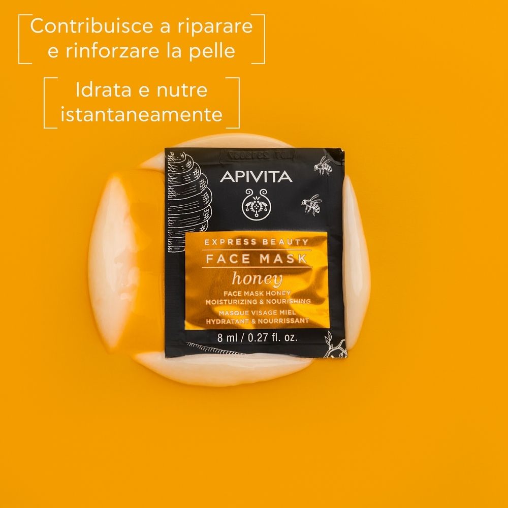 Bustina APIVITA EXPRESS BEAUTY Face Mask Honey su sfondo giallo. Testo: honey, 8 ml / 0.27 fl. oz.
