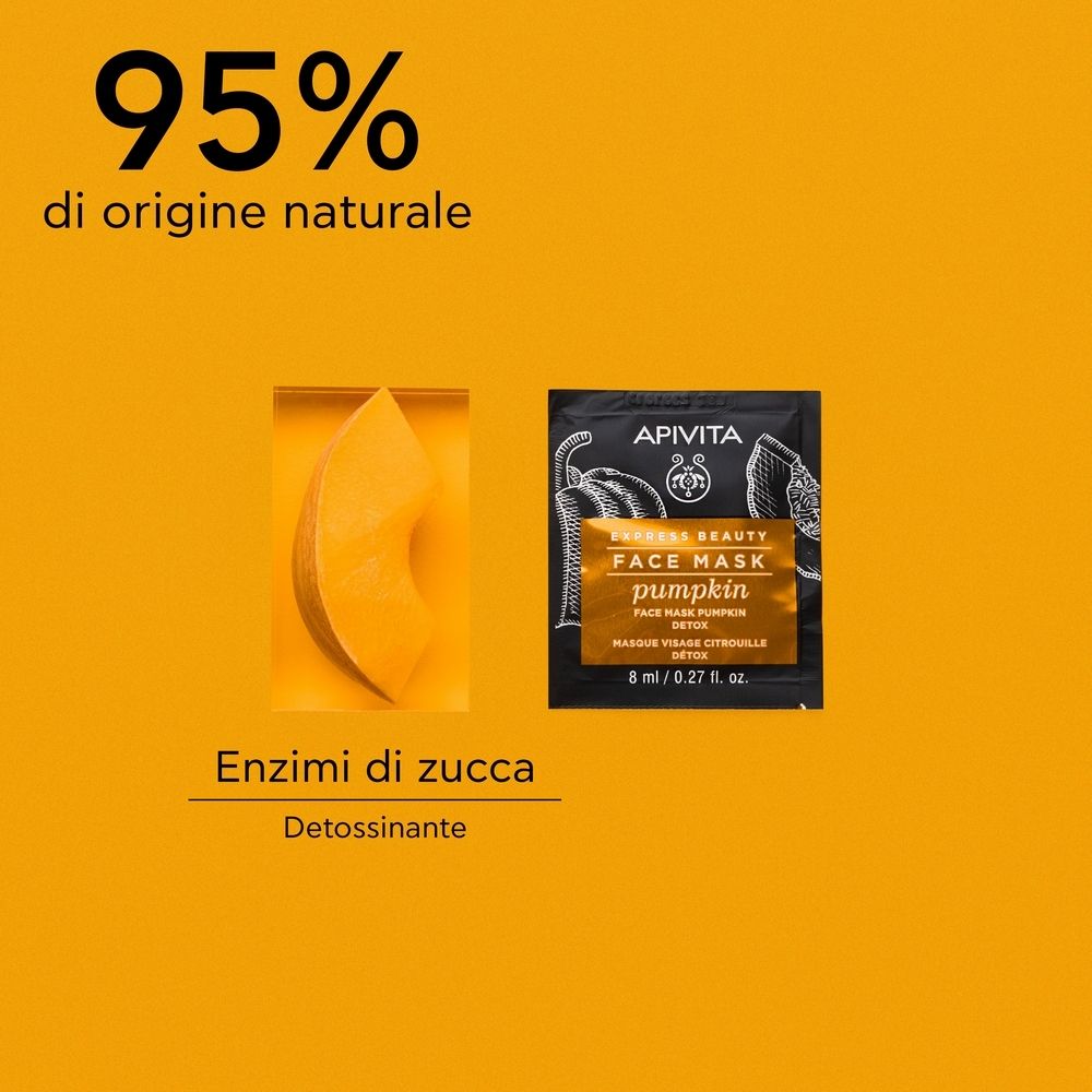 Bustina APIVITA EXPRESS BEAUTY FACE MASK Pumpkin e pezzo di zucca su sfondo giallo. Testo: 95% di origine naturale.