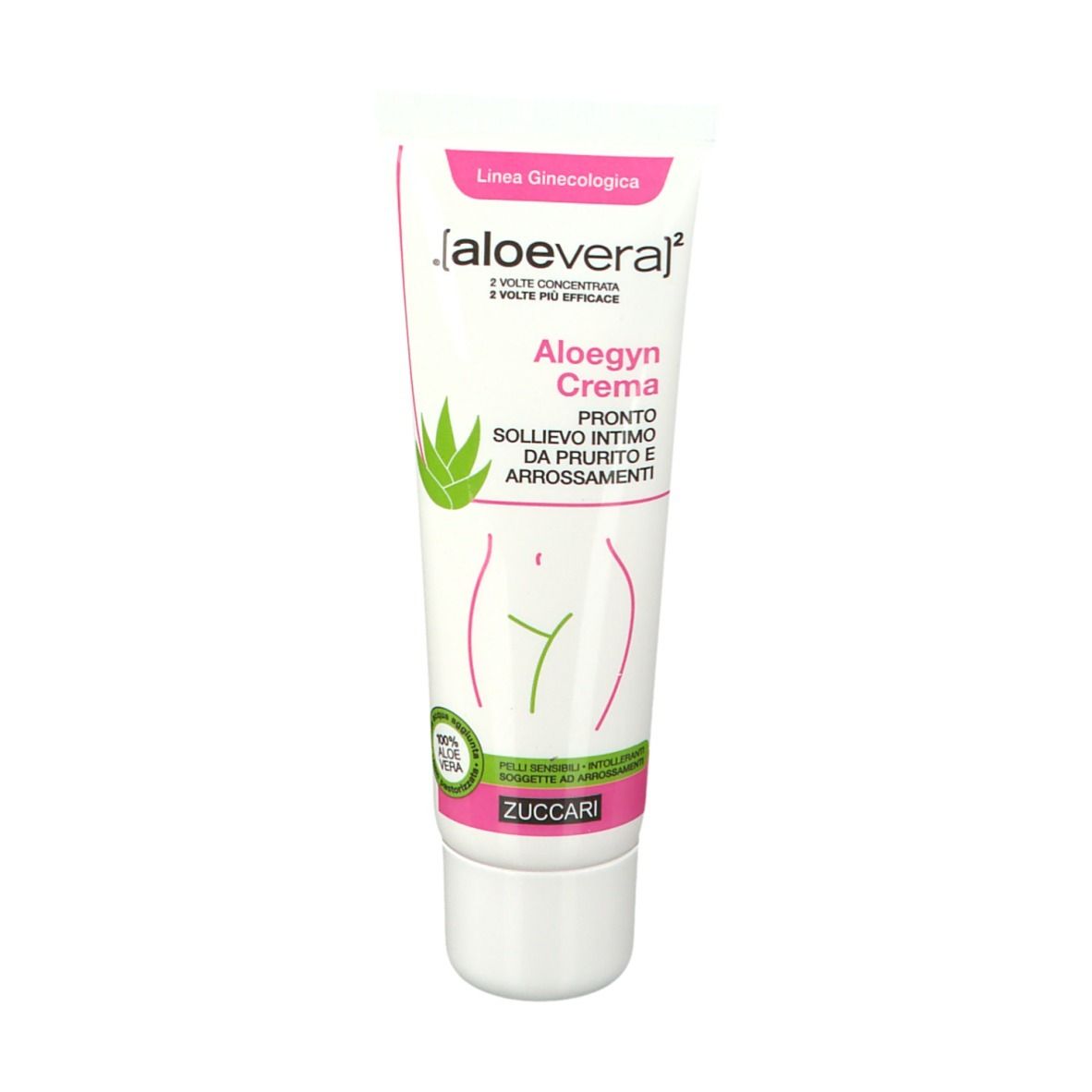 Tubo di crema con nome e logo del prodotto. Tubo bianco con accenti rosa e verdi. Testo in italiano.
