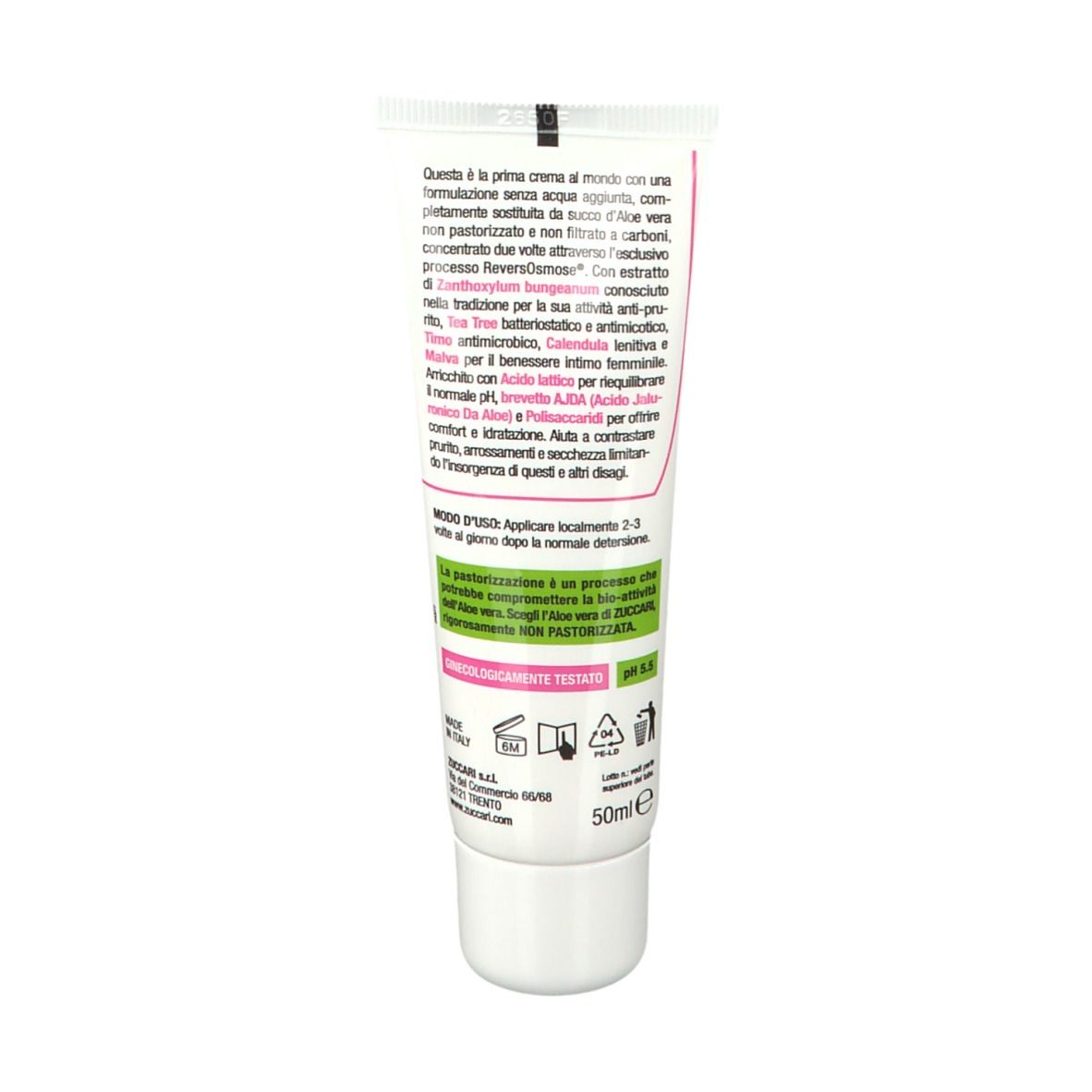 Tubo di crema con nome e logo del prodotto. Tubo bianco con accenti rosa e verdi. Testo in italiano.