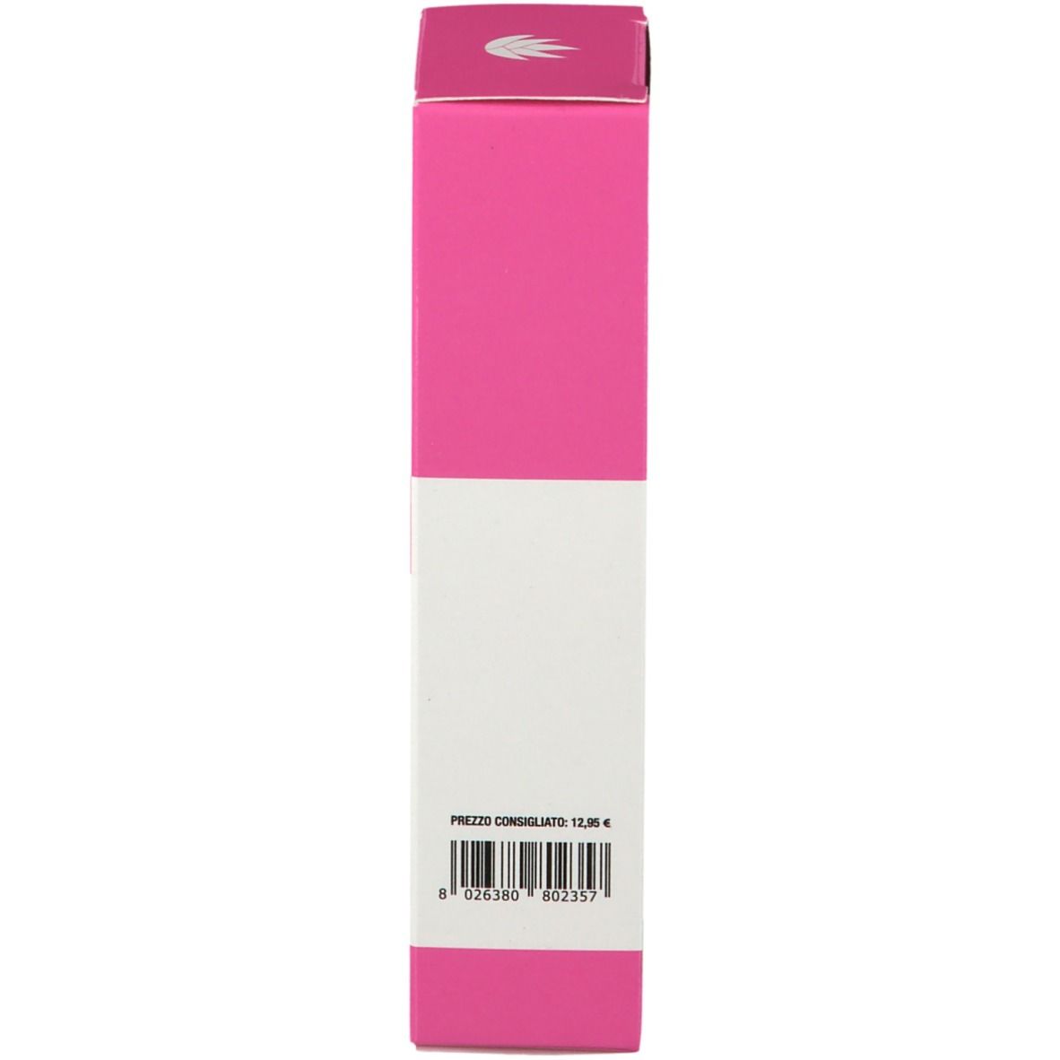Retro della scatola. Rosa e bianco, con testo e codice a barre. Testo in italiano.