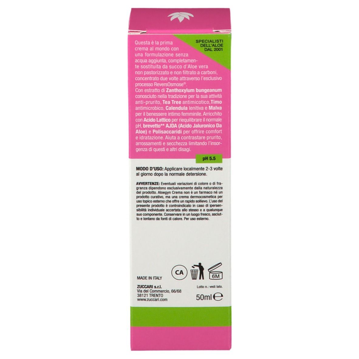 Retro della scatola. Rosa e bianco, con testo e codice a barre. Testo in italiano.