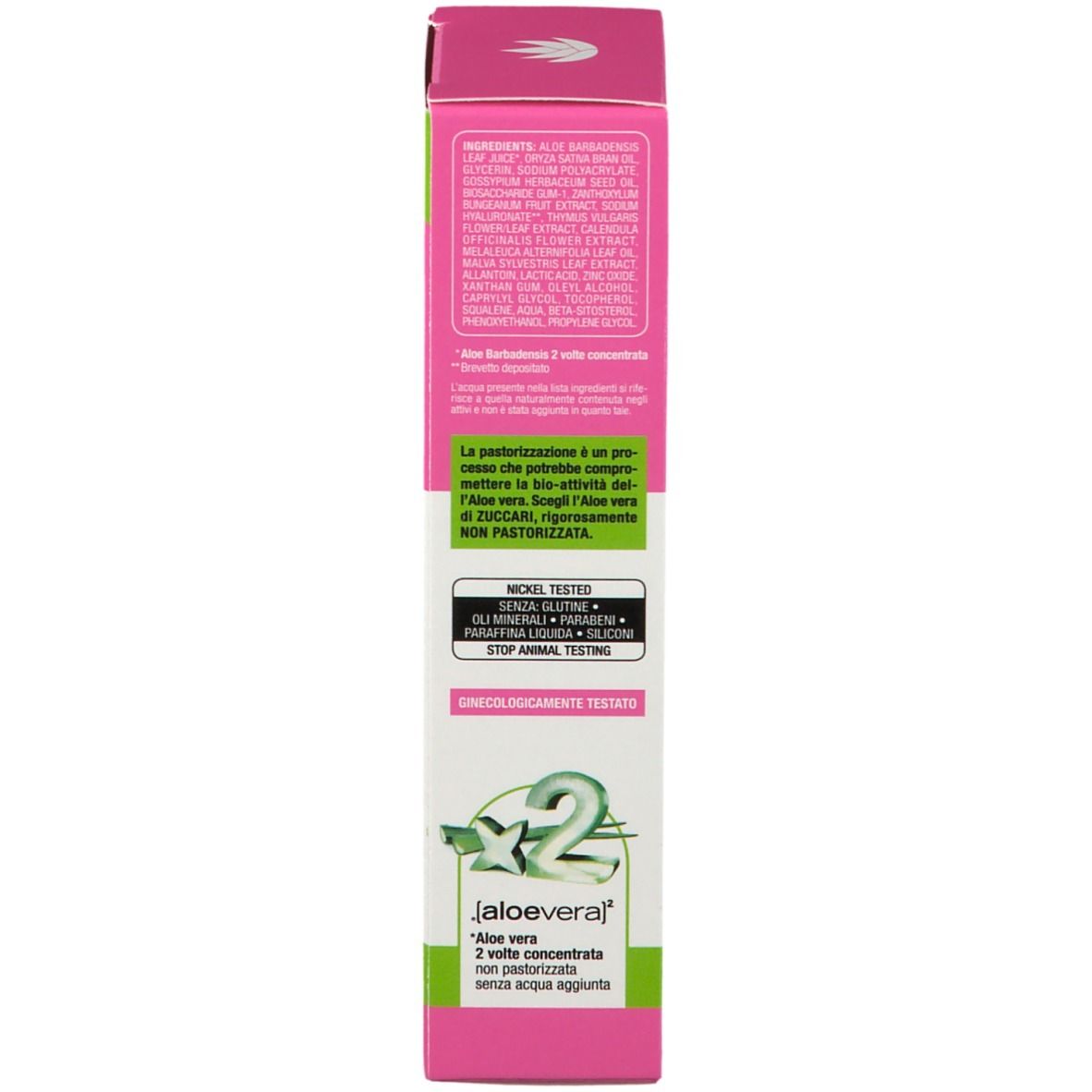Retro della scatola. Rosa e bianco, con testo e codice a barre. Testo in italiano.