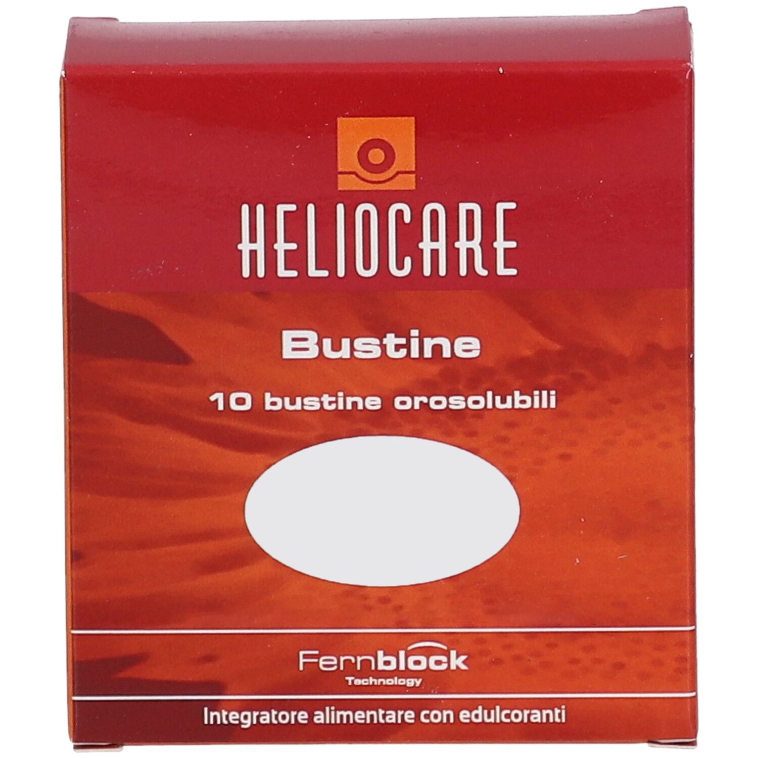 Scatola rossa "HELIOCARE Bustine". Contiene 10 bustine orosolubili. "Fernblock Technology" e "Integratore alimentare con edulcoranti".
