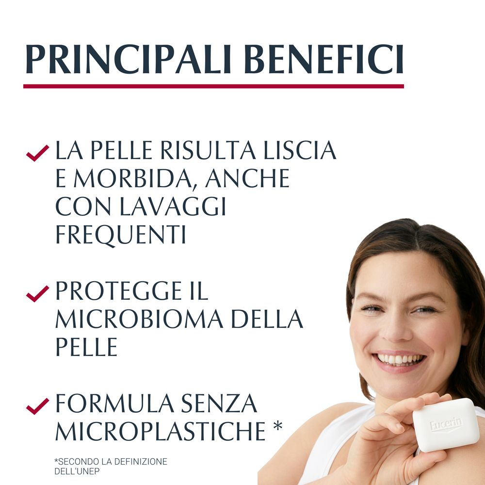 Benefici del pane dermatologico Eucerin pH5. Testo con benefici. Donna che tiene in mano una saponetta. Formula senza microplastiche.