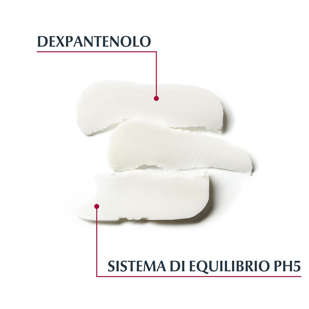 Tre texture cremose. Dexpantenolo e sistema di equilibrio pH5. Strisce bianche su sfondo bianco.