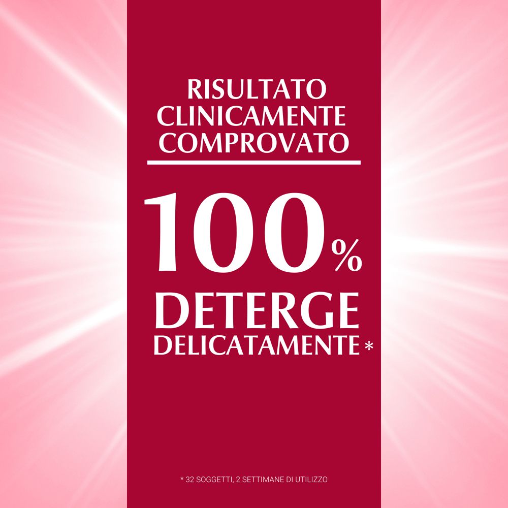 100% detersione delicata. Risultati clinicamente comprovati. Sfondo rosso con testo bianco.