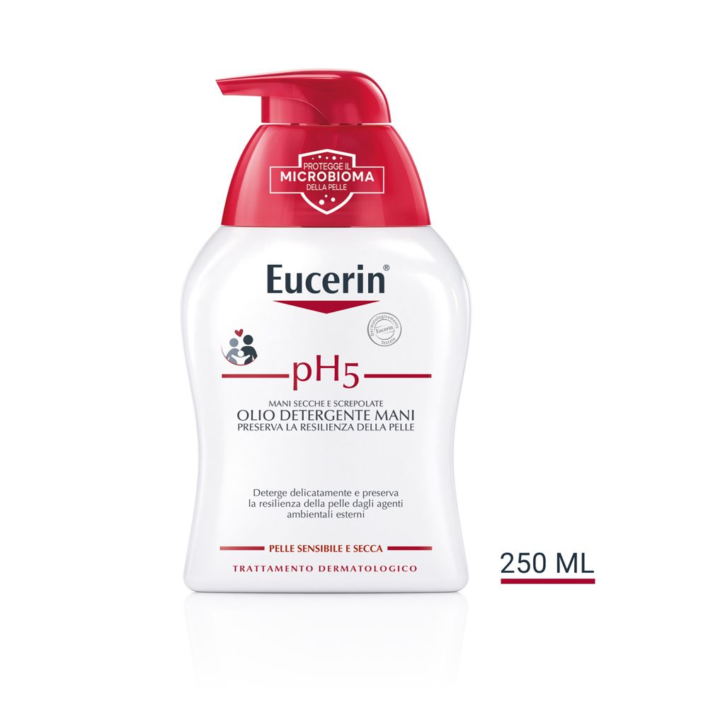 Dispenser bianco con erogatore rosso. Scritta: Eucerin pH5, olio detergente mani. 250 ml.