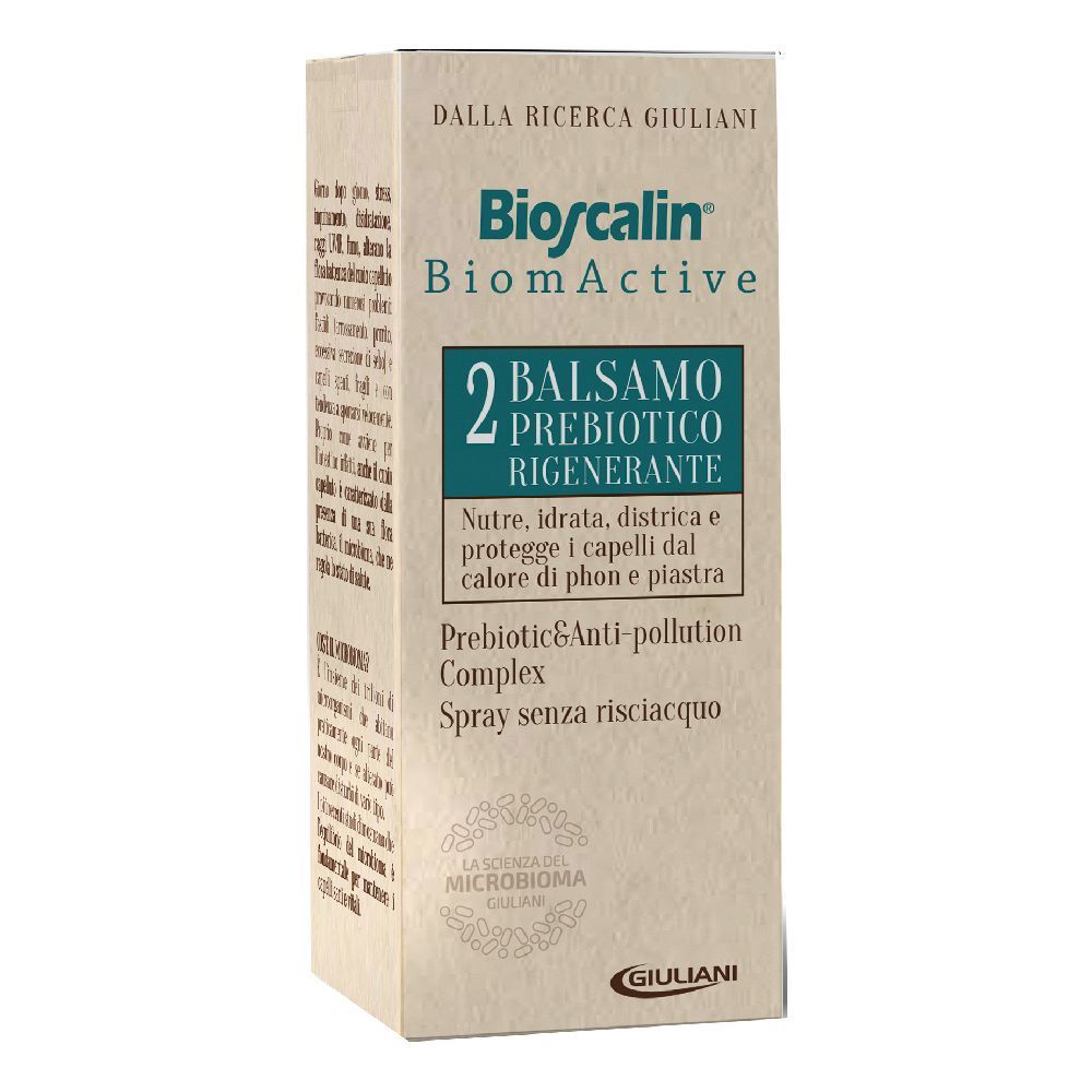 Scatola con stampa del prodotto. Scritta: Bioscalin BiomActive 2 Balsamo Prebiotico Rigenerante. Testo in italiano.