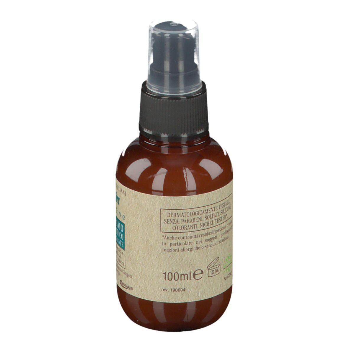 Flacone spray marrone con erogatore nero. Scritta: 100 ml. Testo in italiano. Dermatologicamente testato.