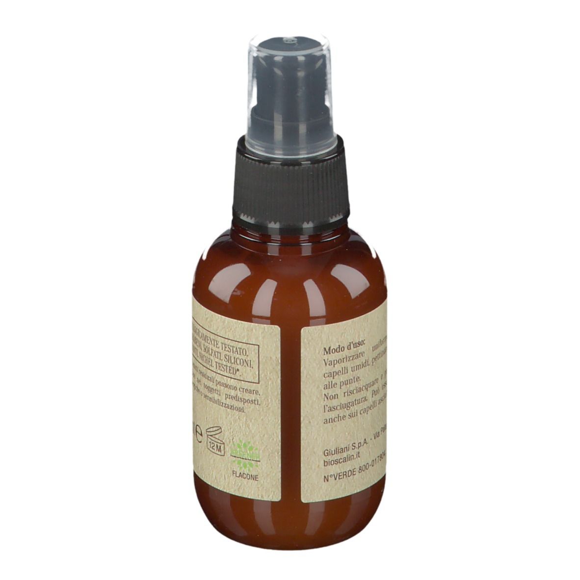 Flacone spray marrone con erogatore nero. Scritta: Testo in italiano. Flacone.