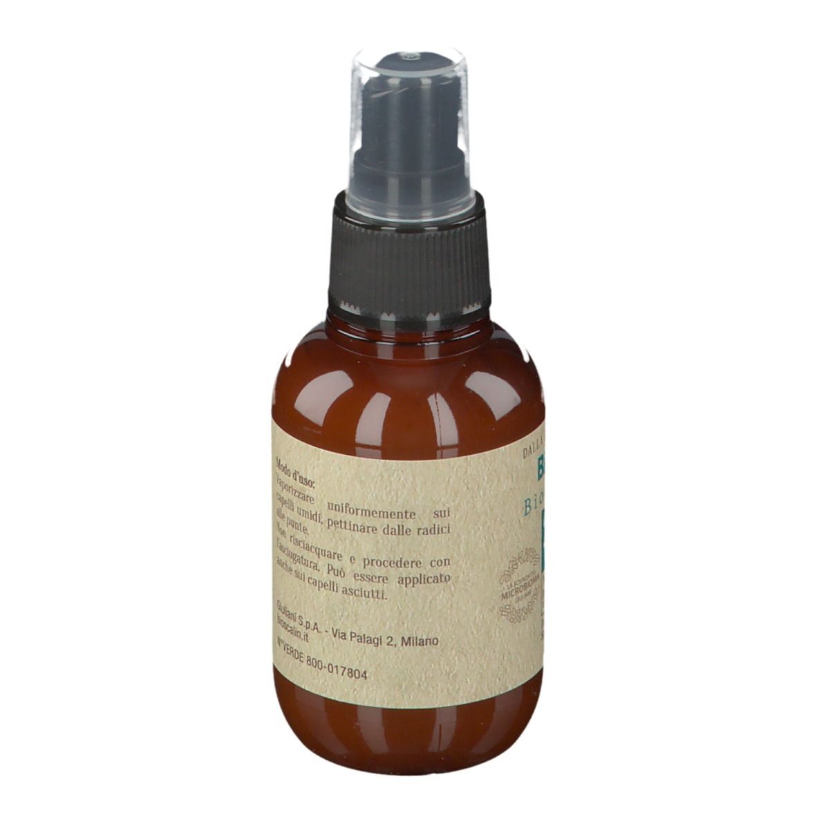 Flacone spray marrone con erogatore nero. Scritta: Testo in italiano. Giuliani S.p.A.