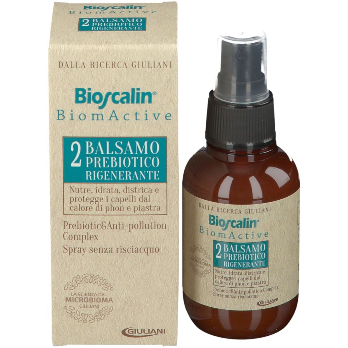 Flacone spray marrone e scatola. Scritta: Bioscalin BiomActive 2 Balsamo Prebiotico Rigenerante. Testo in italiano.