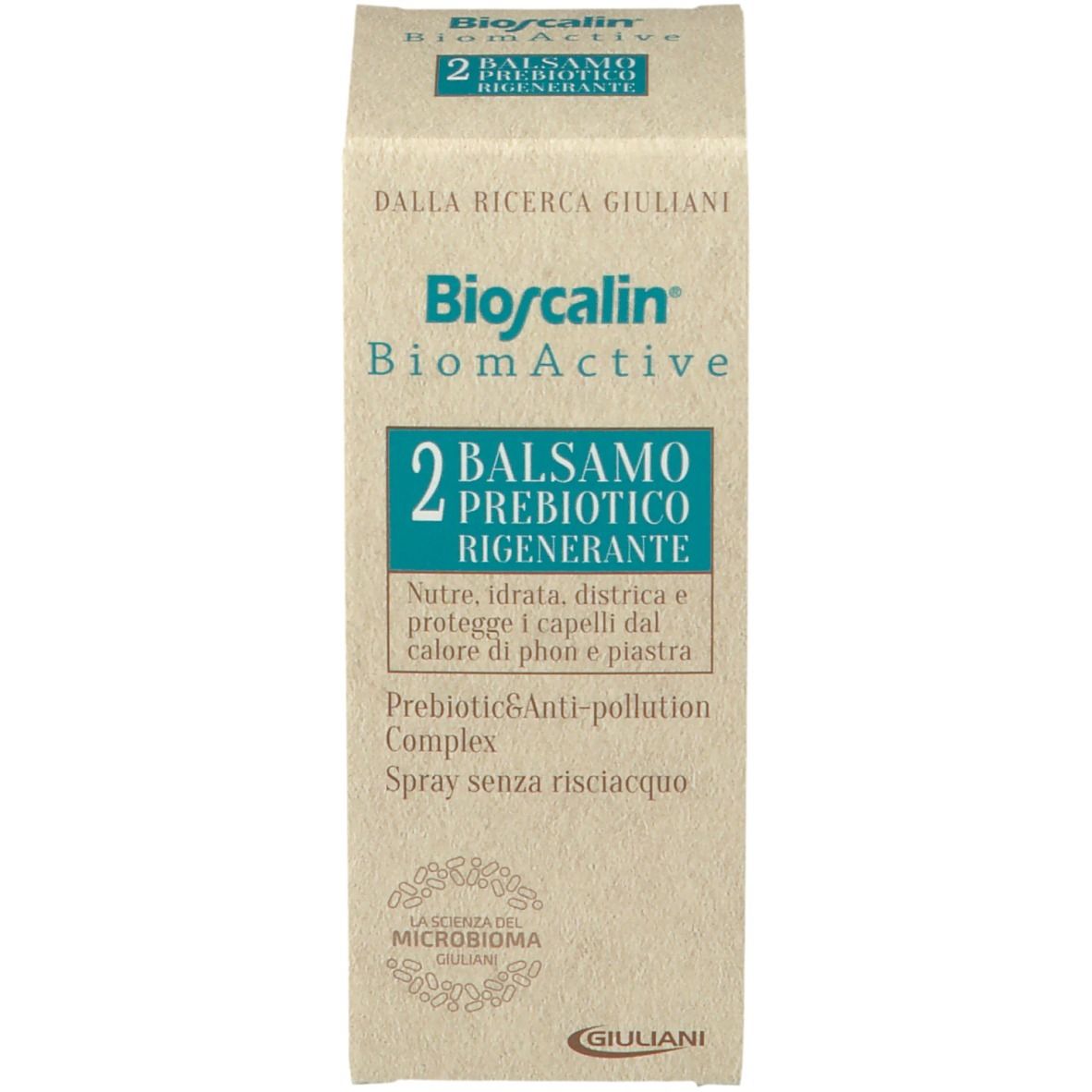 Scatola con stampa del prodotto. Scritta: Bioscalin BiomActive 2 Balsamo Prebiotico Rigenerante. Testo in italiano.