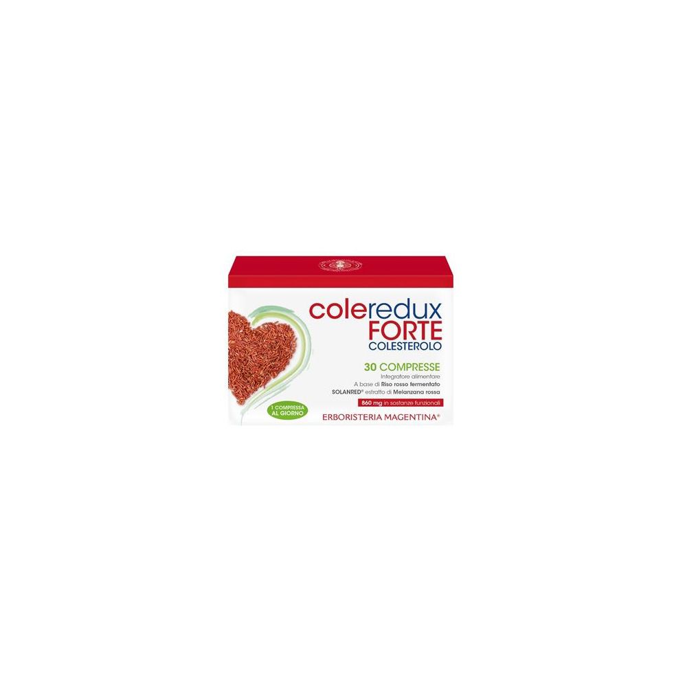 Scatola "Coleredux Forte". Confezione rossa e bianca. Design a forma di cuore con riso. 30 compresse.