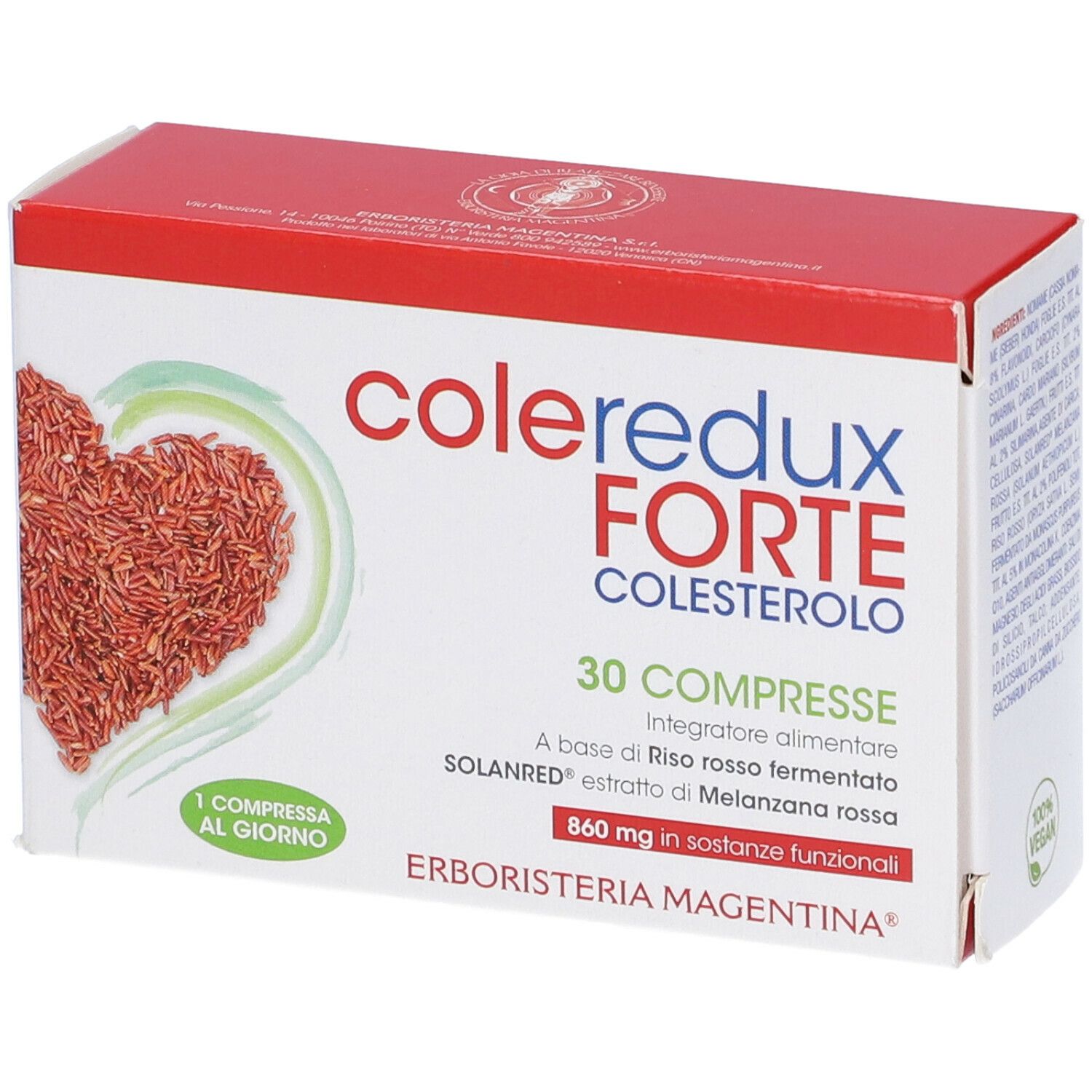 Scatola "Coleredux Forte". Confezione rossa e bianca. Design a cuore con riso. 30 compresse. Testo.