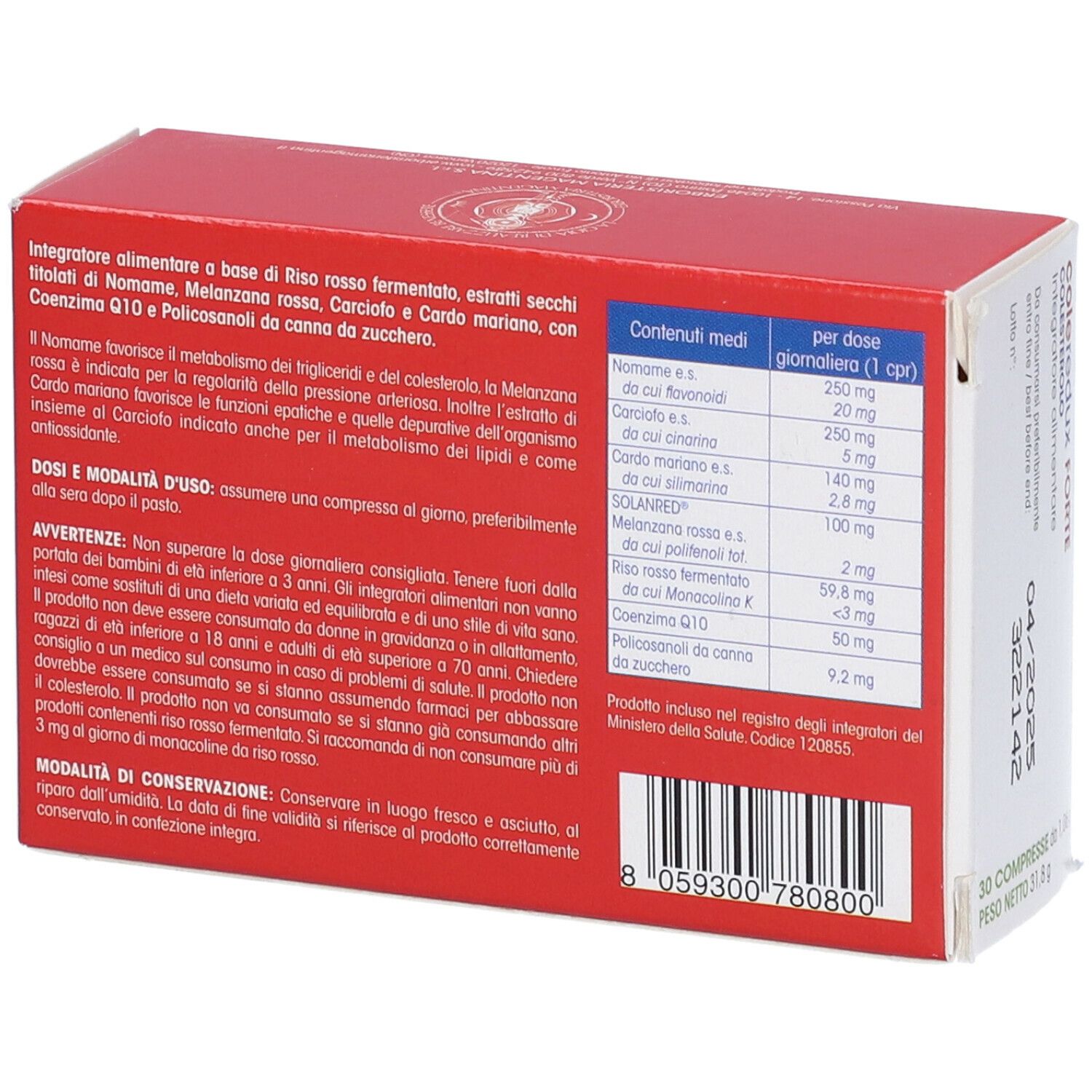Retro della scatola "Coleredux Forte". Testo con ingredienti e informazioni nutrizionali. Testo bianco su sfondo rosso.