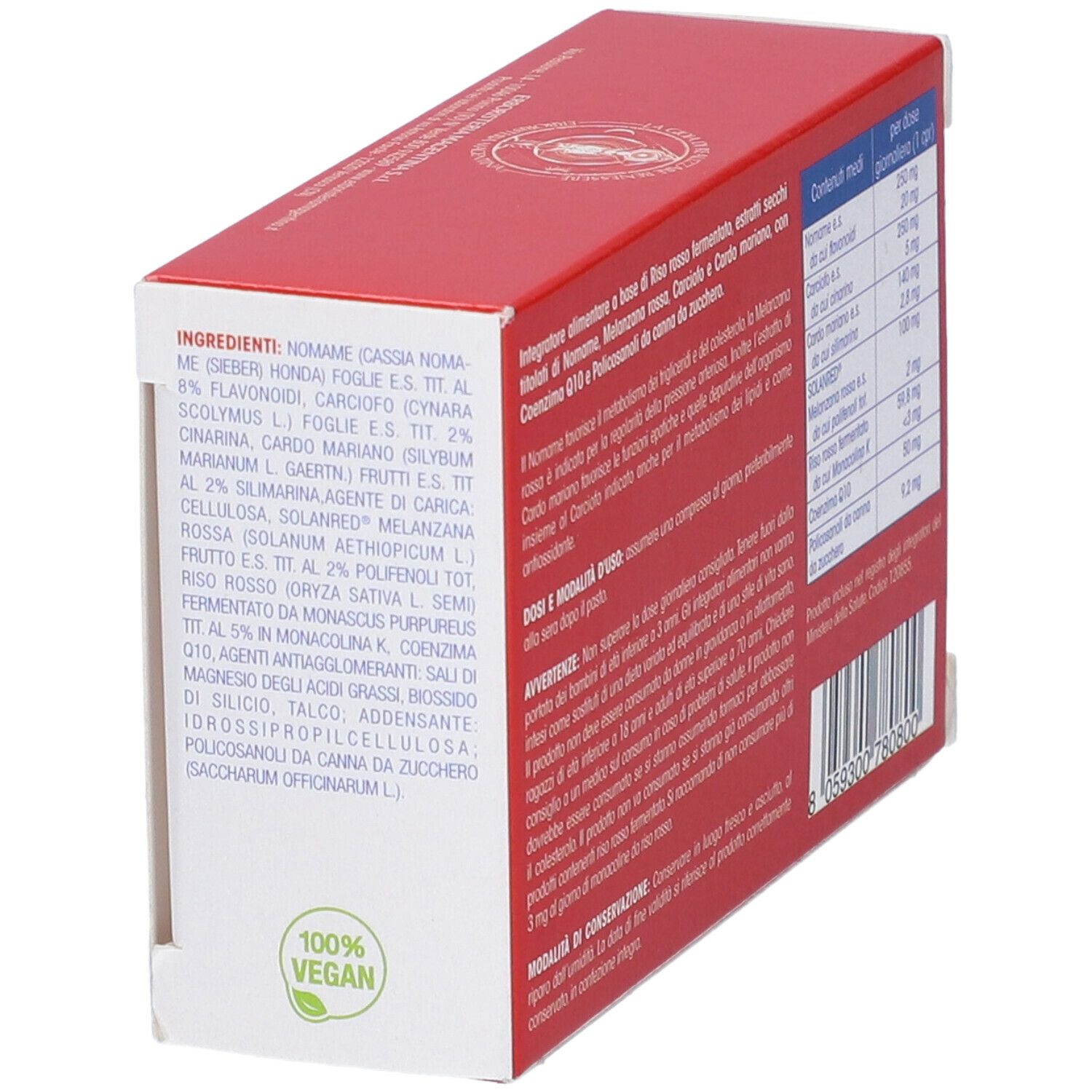 Scatola "Coleredux Forte". Ingredienti e informazioni nutrizionali. Testo su sfondo rosso. Logo vegano.