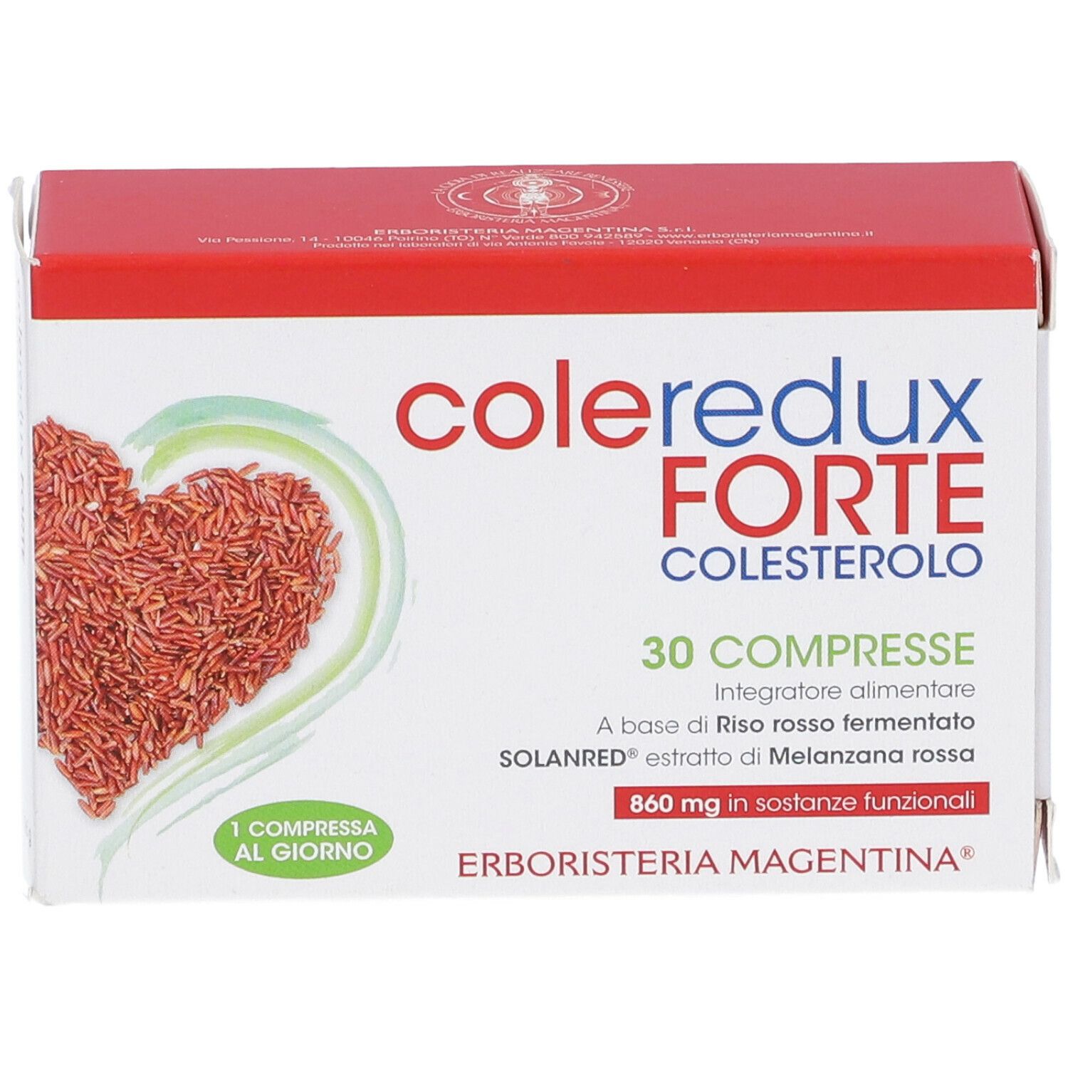 Scatola "Coleredux Forte". Confezione rossa e bianca. Design a cuore con riso. 30 compresse. Vista frontale.