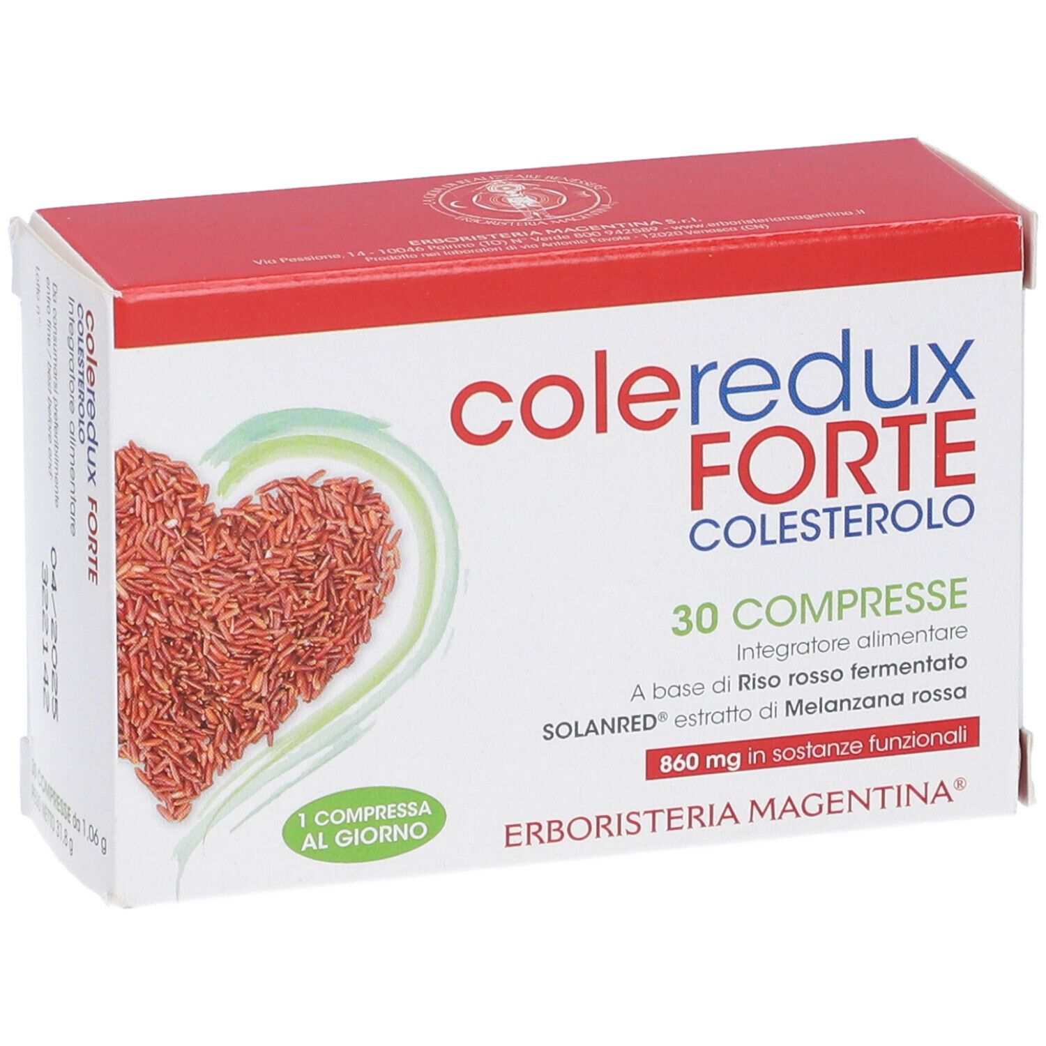 Scatola "Coleredux Forte". Confezione rossa e bianca. Design a cuore con riso. 30 compresse. Vista obliqua.
