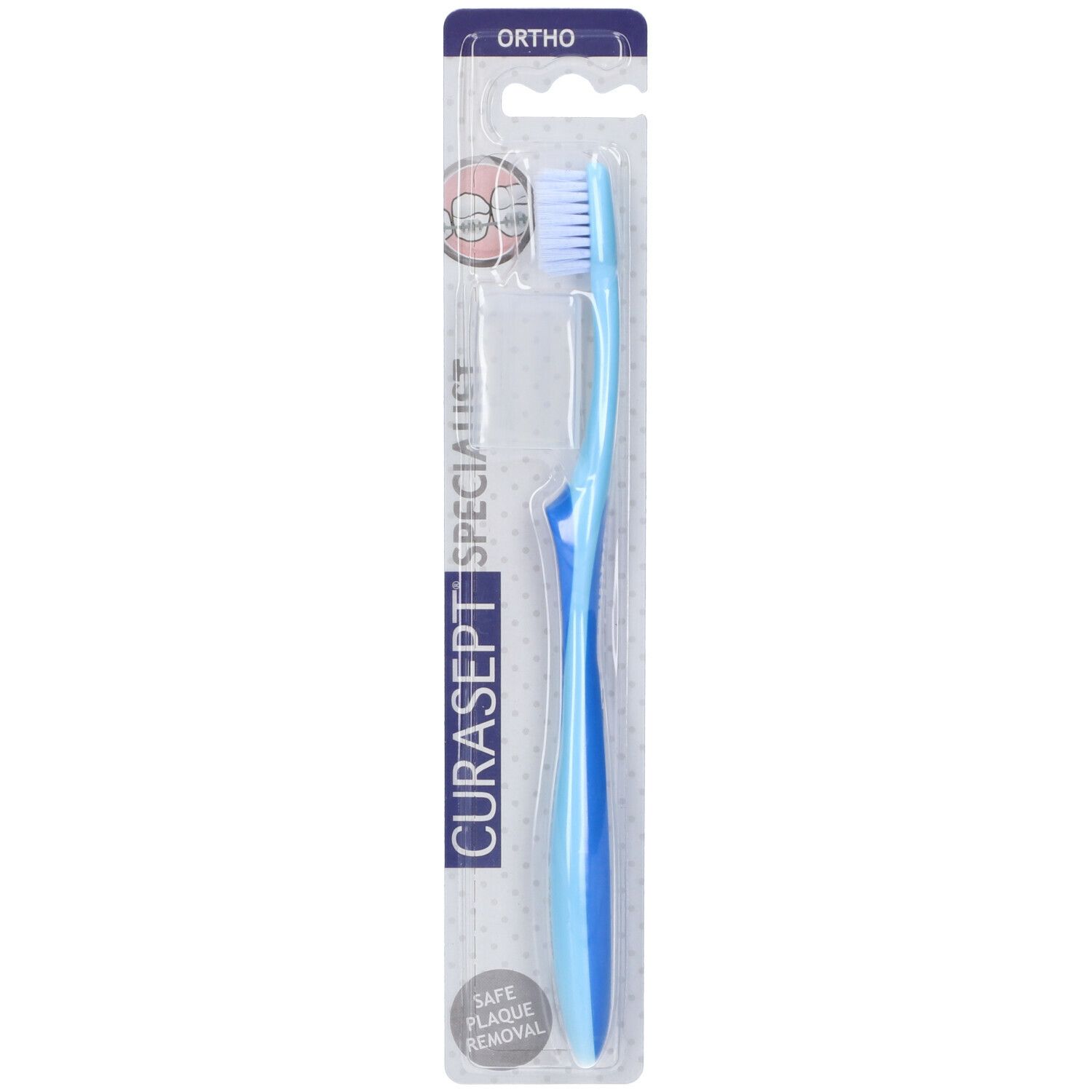 Spazzolino azzurro in confezione blister. Nome del prodotto e indicazione "Ortho". Setole blu.