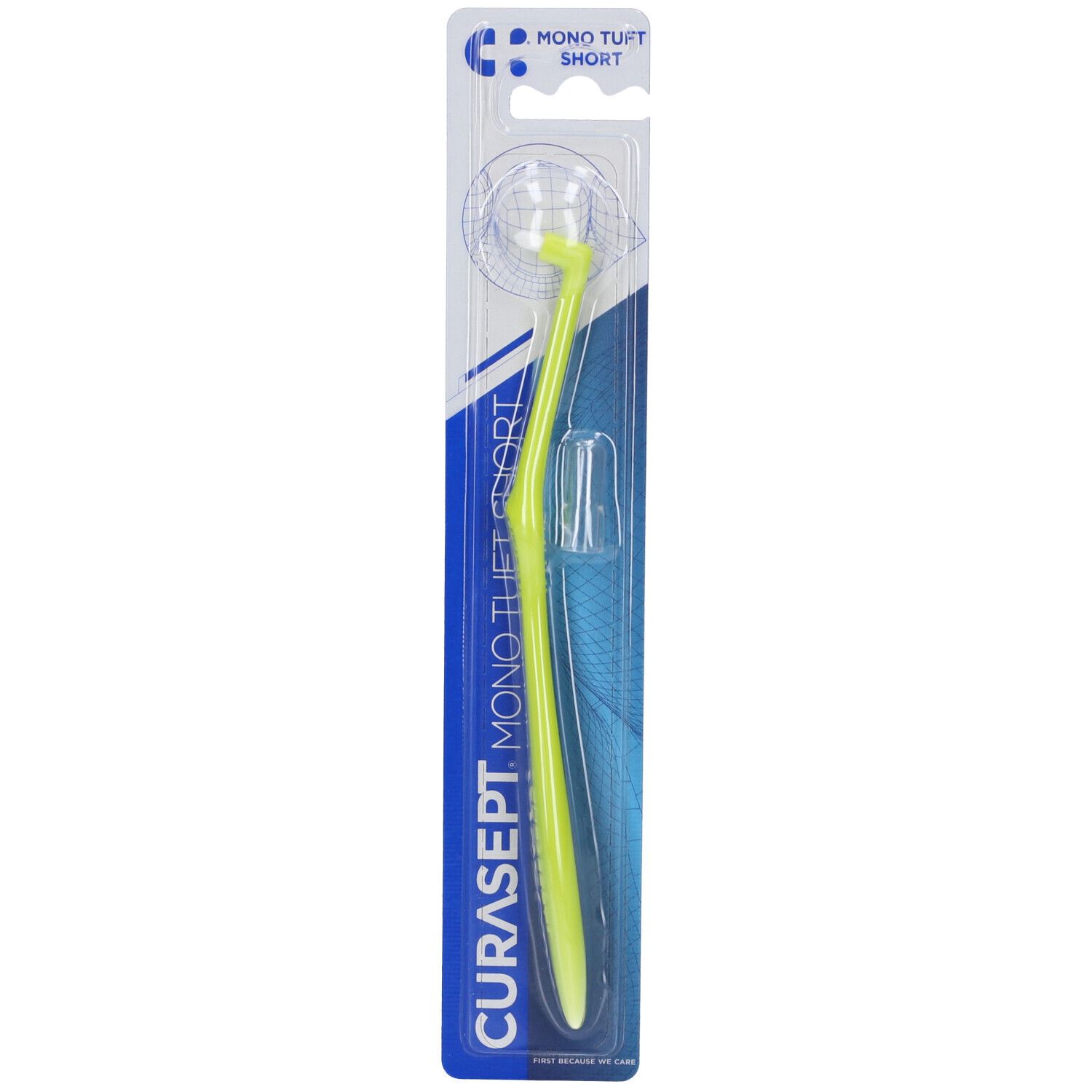 Curasept Mono Tuft Short Interdentalbürste in leuchtendem Gelb, verpackt.
