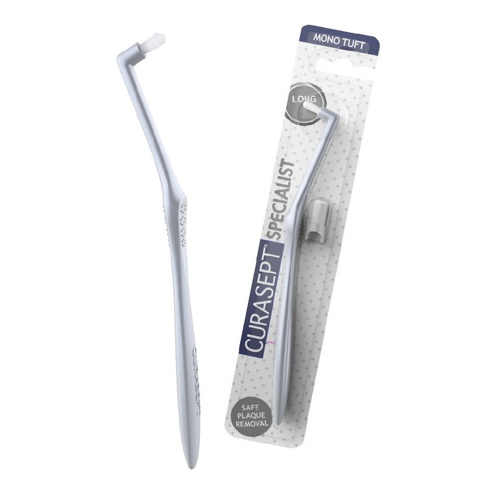 Zahnzwischenraumbürste. Weißer Griff, abgewinkelter Bürstenkopf. Verpackung mit Produktnamen und Logo.