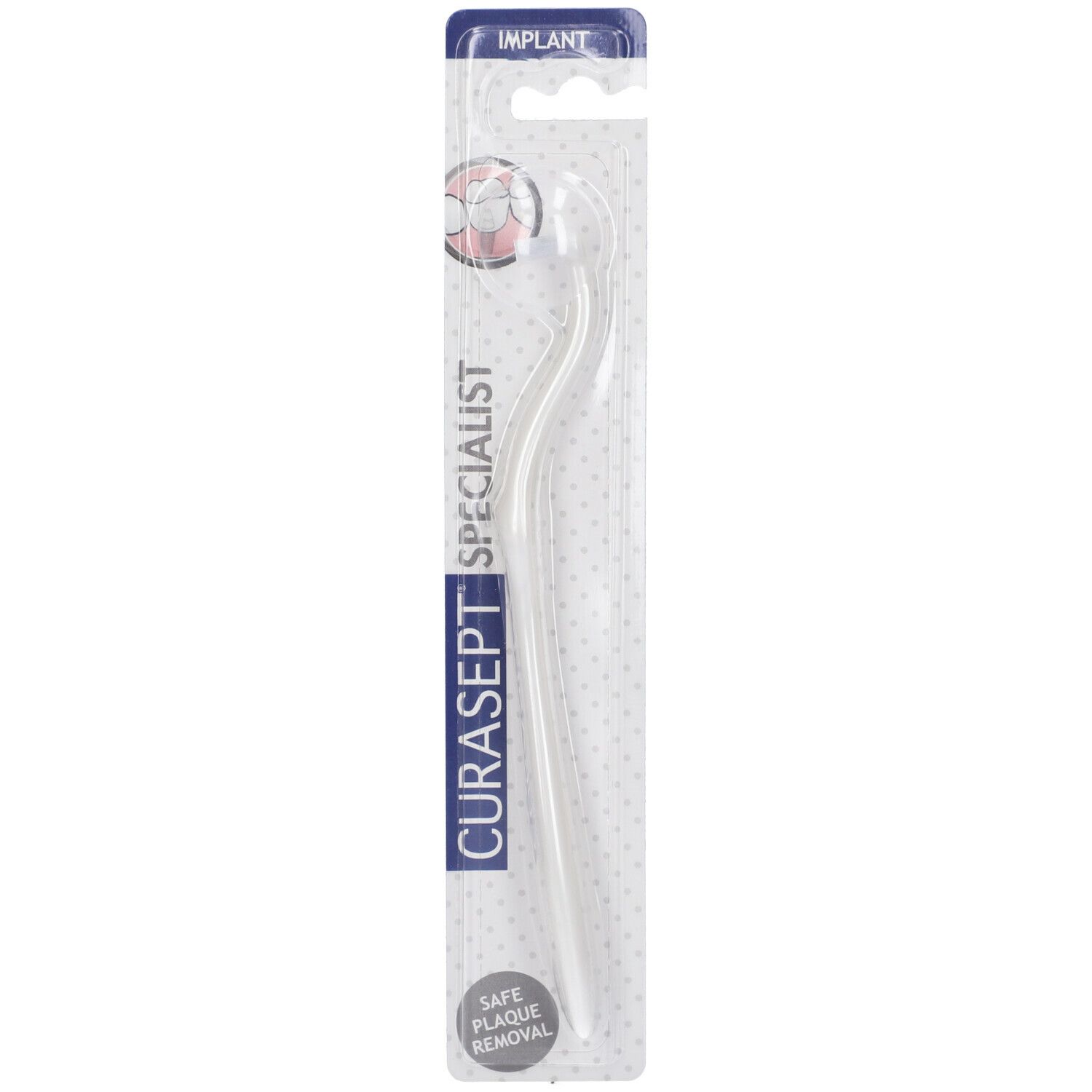 Spazzolino speciale per impianti dentali in confezione. Manico bianco curvo, testina piccola. Nome del prodotto visibile.