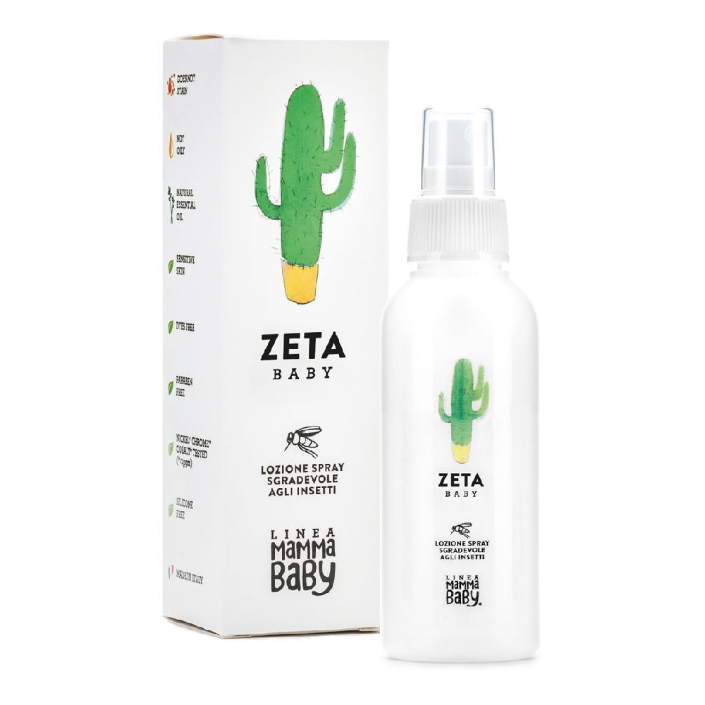 Flacone spray bianco e scatola con illustrazione di cactus. Scritta: Zeta Baby, Lozione Spray Sgradevole Agli Insetti. Linea MammaBaby.
