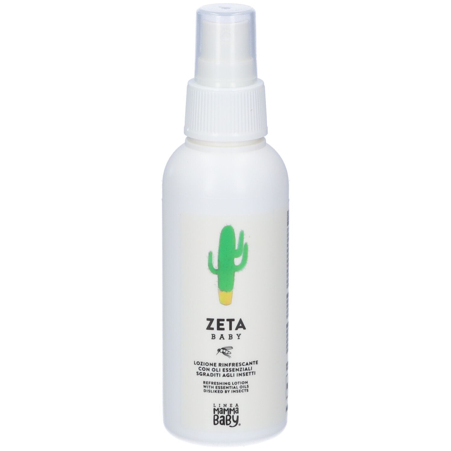 Flacone spray bianco con illustrazione di cactus. Scritta: Zeta Baby, Lozione Rinfrescante con oli essenziali. Linea MammaBaby.