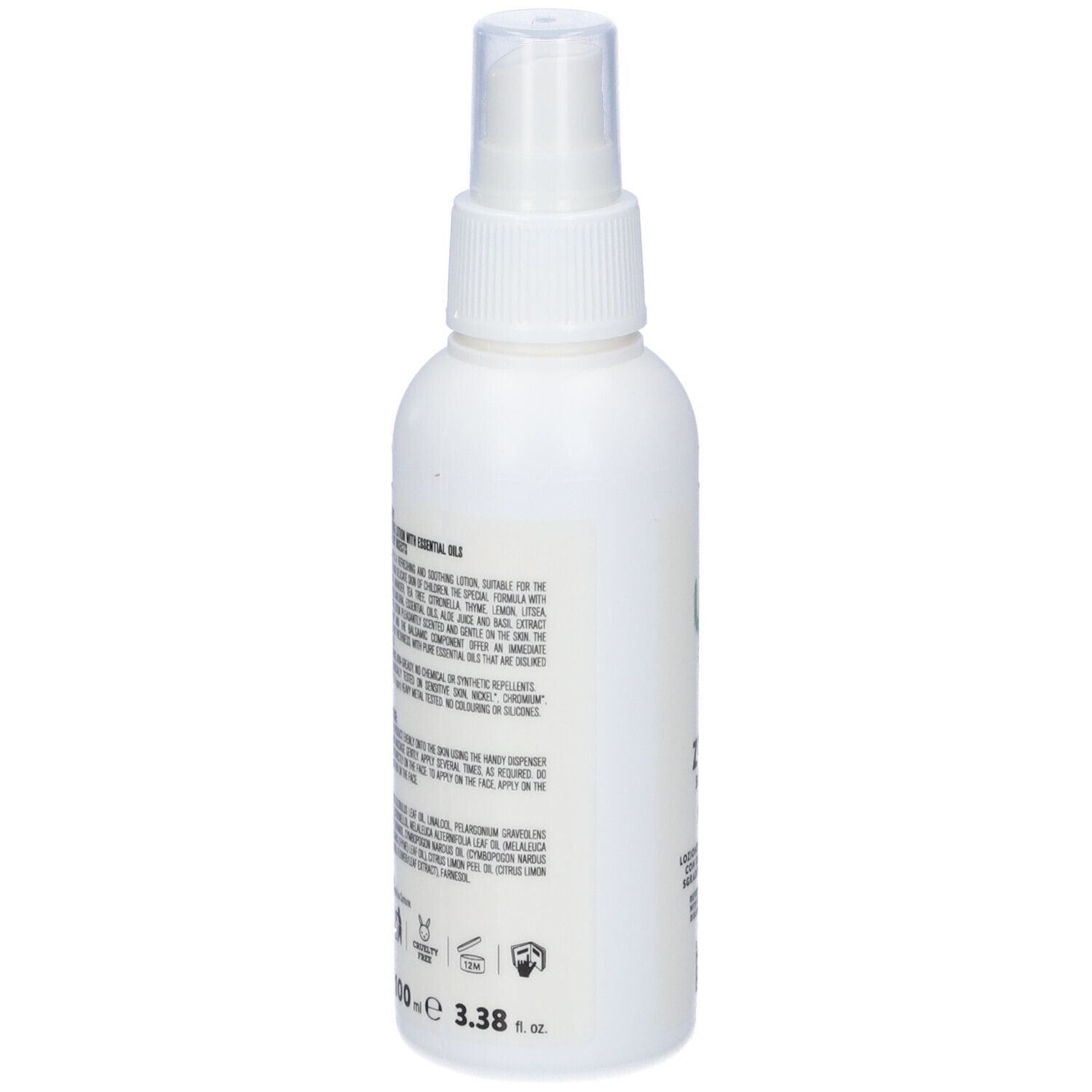 Flacone spray bianco. Testo: Zeta Baby, Lozione Rinfrescante con oli essenziali. Ingredienti e istruzioni per l'uso.