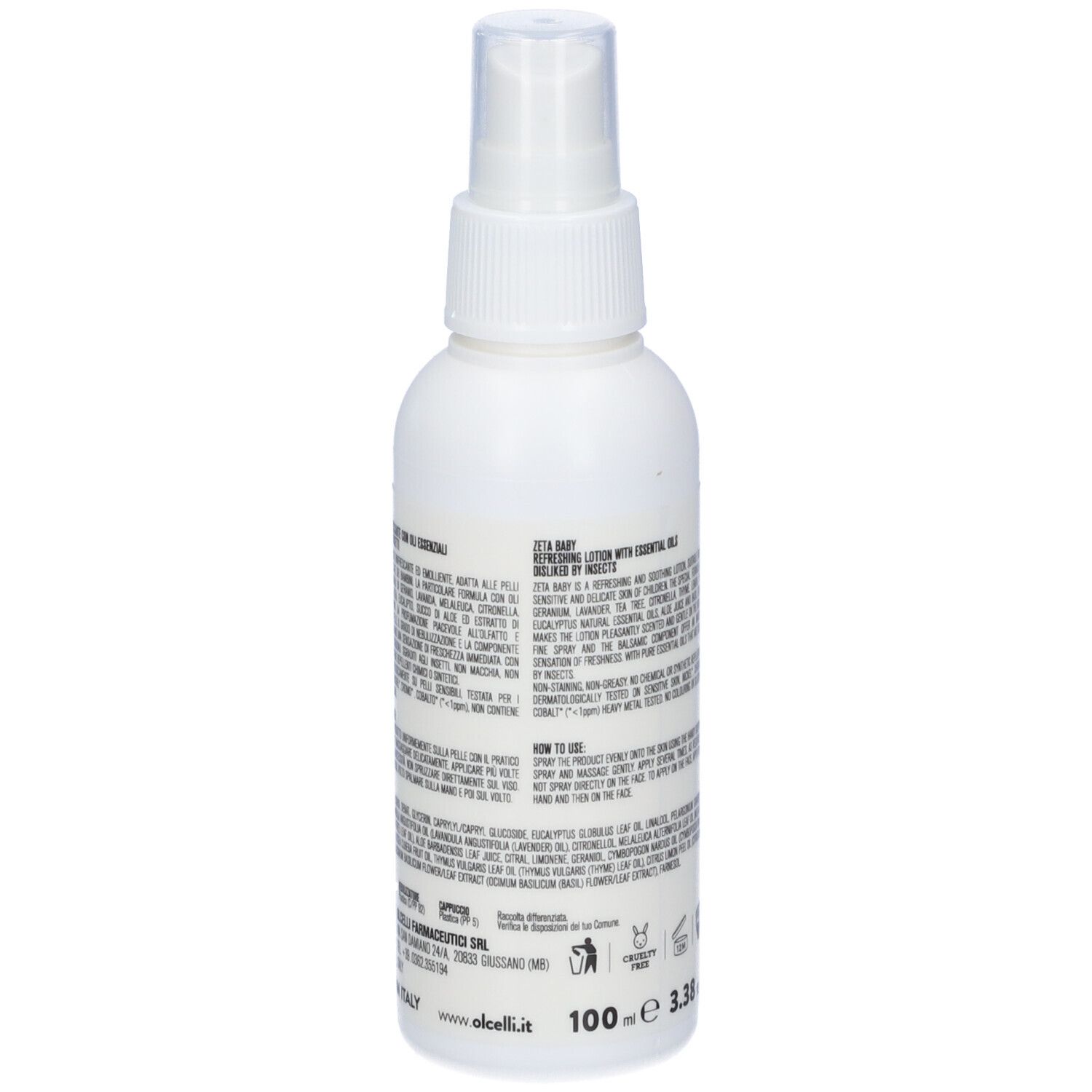 Flacone spray bianco. Testo: Zeta Baby, Lozione Rinfrescante con oli essenziali. Ingredienti e istruzioni per l'uso.