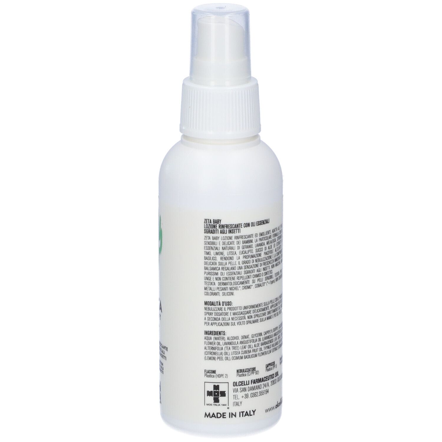Flacone spray bianco. Testo: Zeta Baby, Lozione Rinfrescante con oli essenziali. Ingredienti e istruzioni per l'uso.