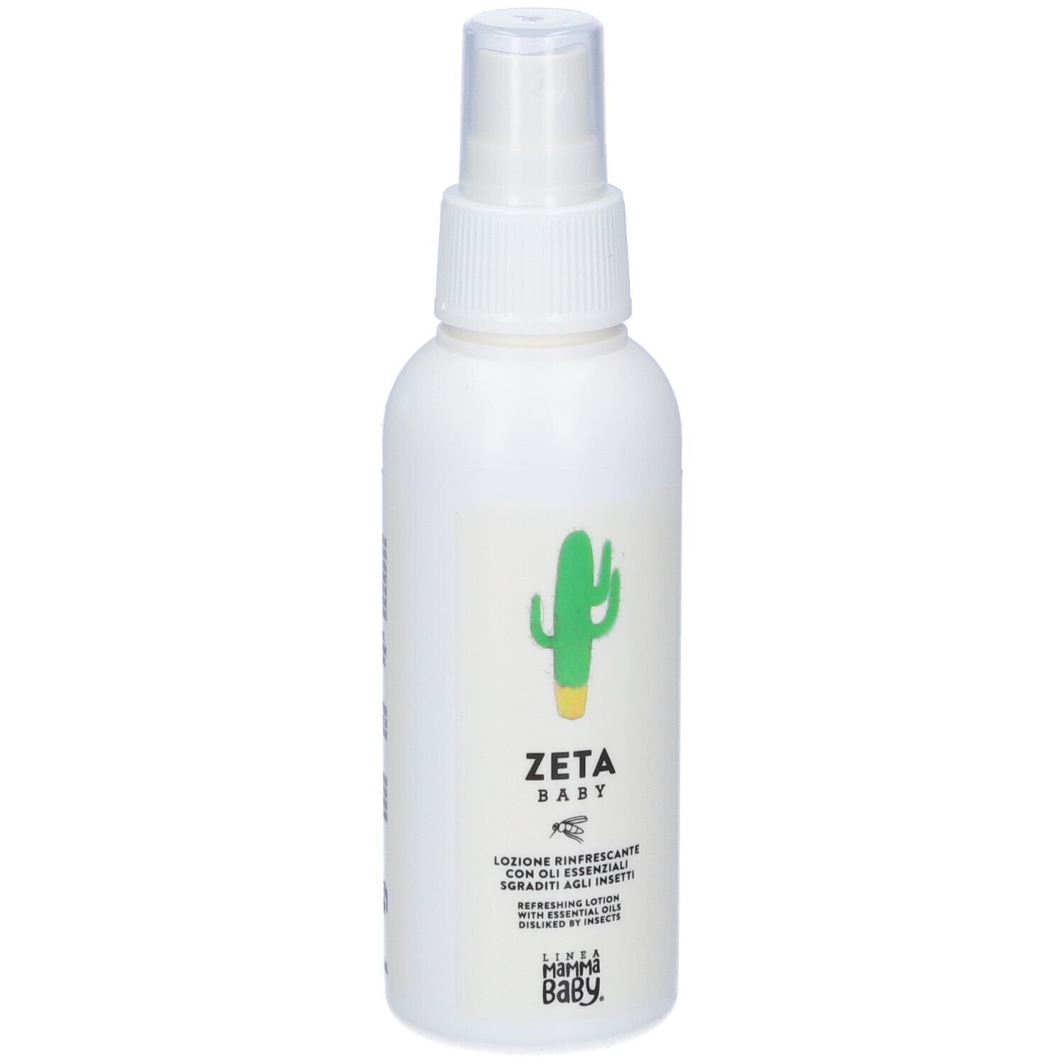 Flacone spray bianco con illustrazione di cactus. Scritta: Zeta Baby, Lozione Rinfrescante con oli essenziali. Linea MammaBaby.