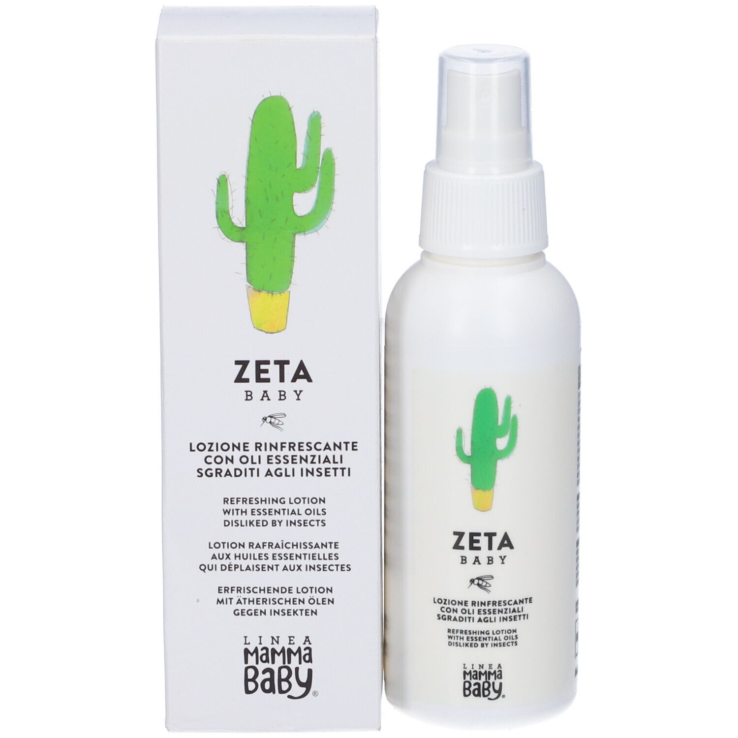 Flacone spray bianco e scatola con illustrazione di cactus. Scritta: Zeta Baby, Lozione Rinfrescante con oli essenziali. Linea MammaBaby.