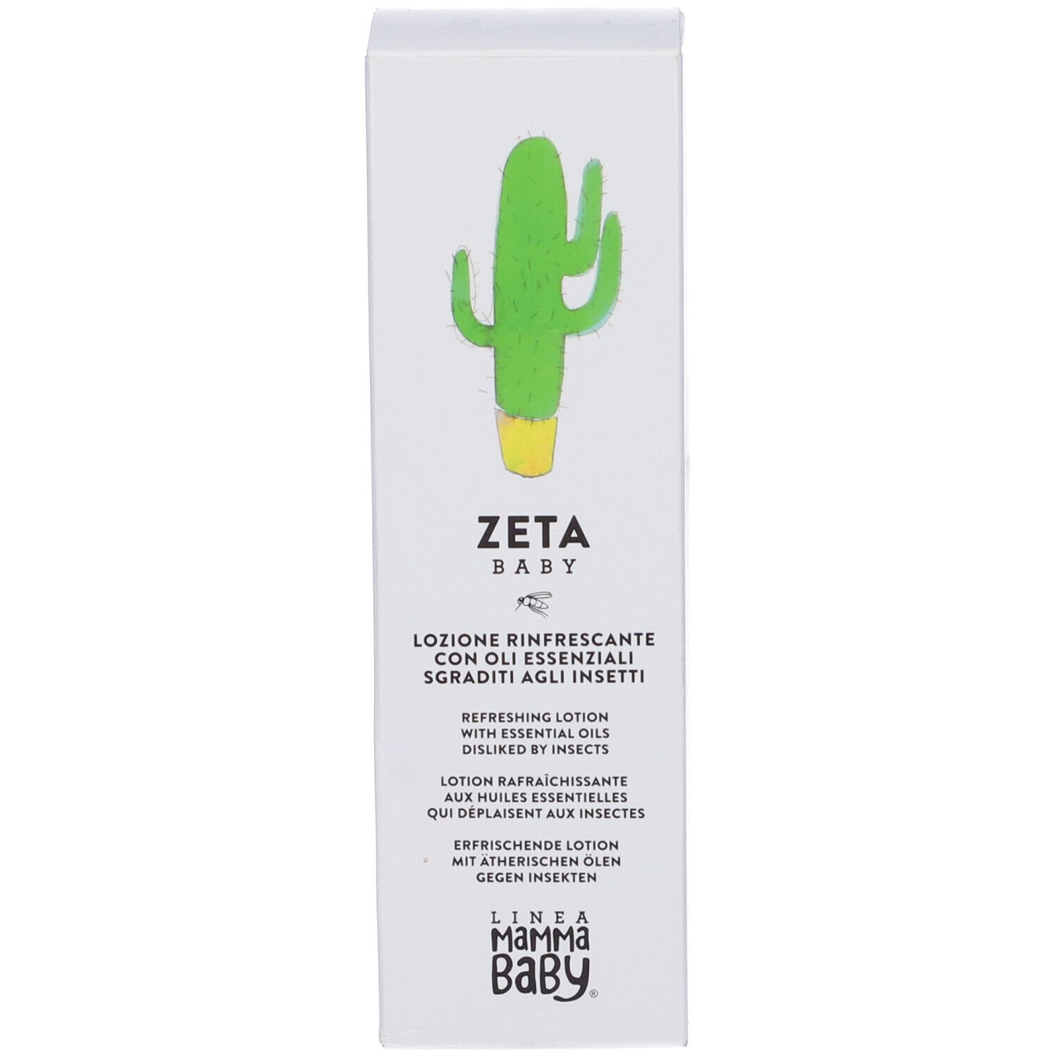 Scatola con illustrazione di cactus. Scritta: Zeta Baby, Lozione Rinfrescante con oli essenziali. Linea MammaBaby.