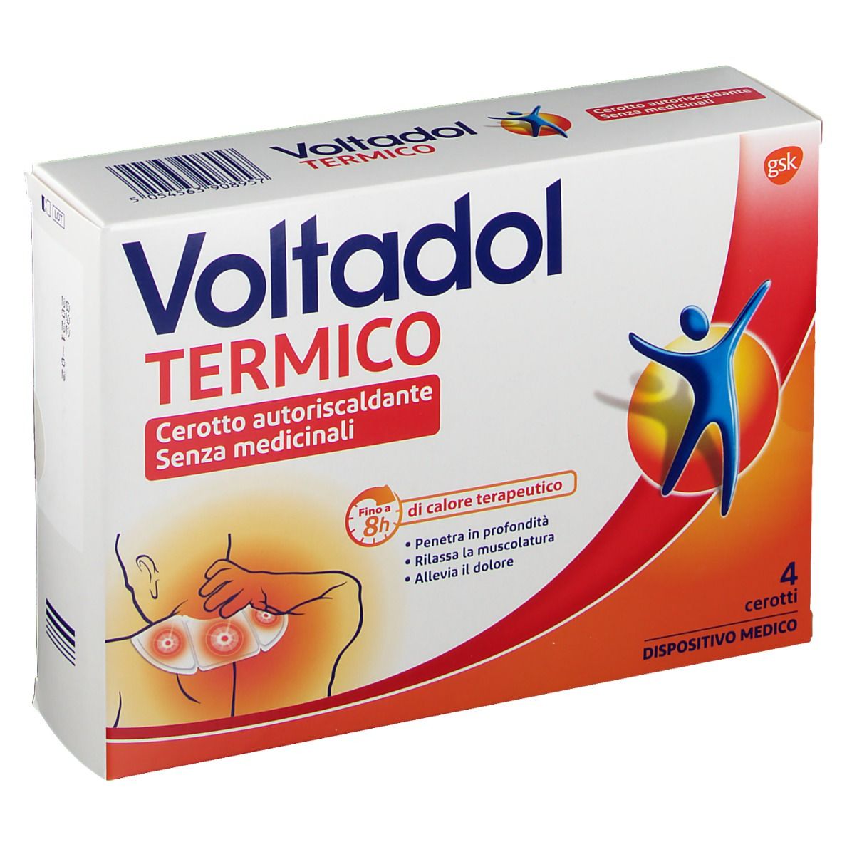 Confezione di Voltadol Termico Cerotto Autoriscaldante. Contiene 4 cerotti. Scritte: Voltadol Termico, Cerotto autoriscaldante, 8h di calore.