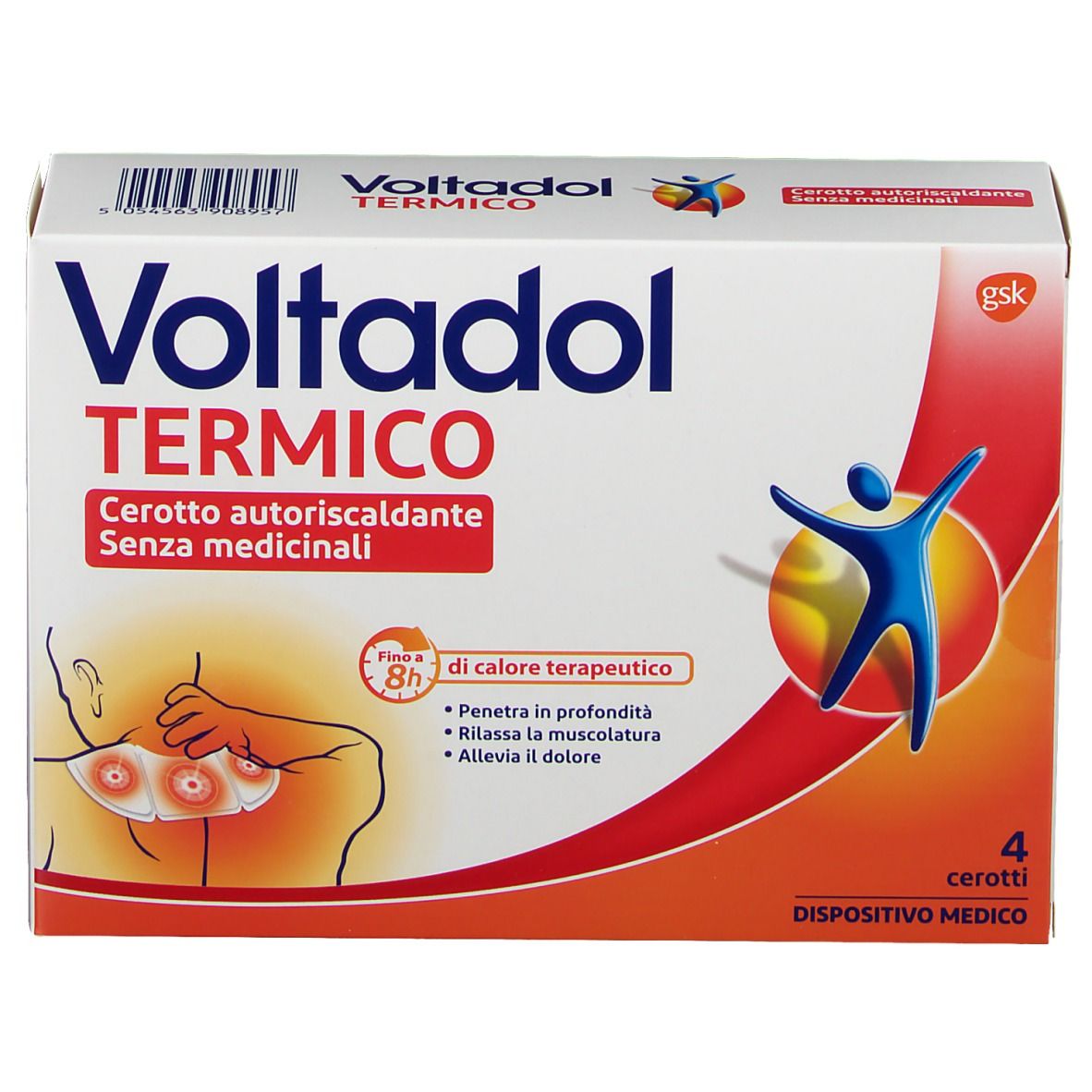 Confezione di Voltadol Termico Cerotto Autoriscaldante. Contiene 4 cerotti. Scritte: Voltadol Termico, Cerotto autoriscaldante, 8h di calore.