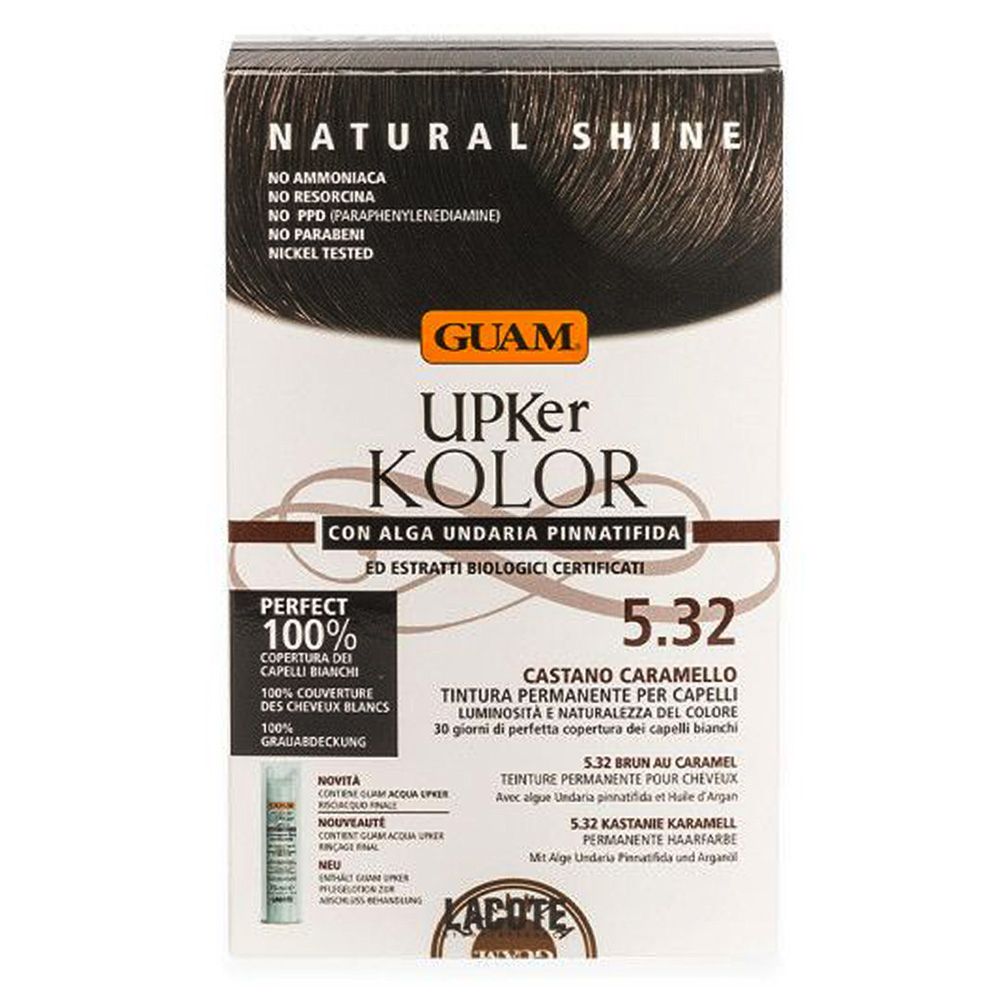 Scatola GUAM Upker Kolor 5.32 Caramello. Contiene testo, nome prodotto, tonalità e logo.