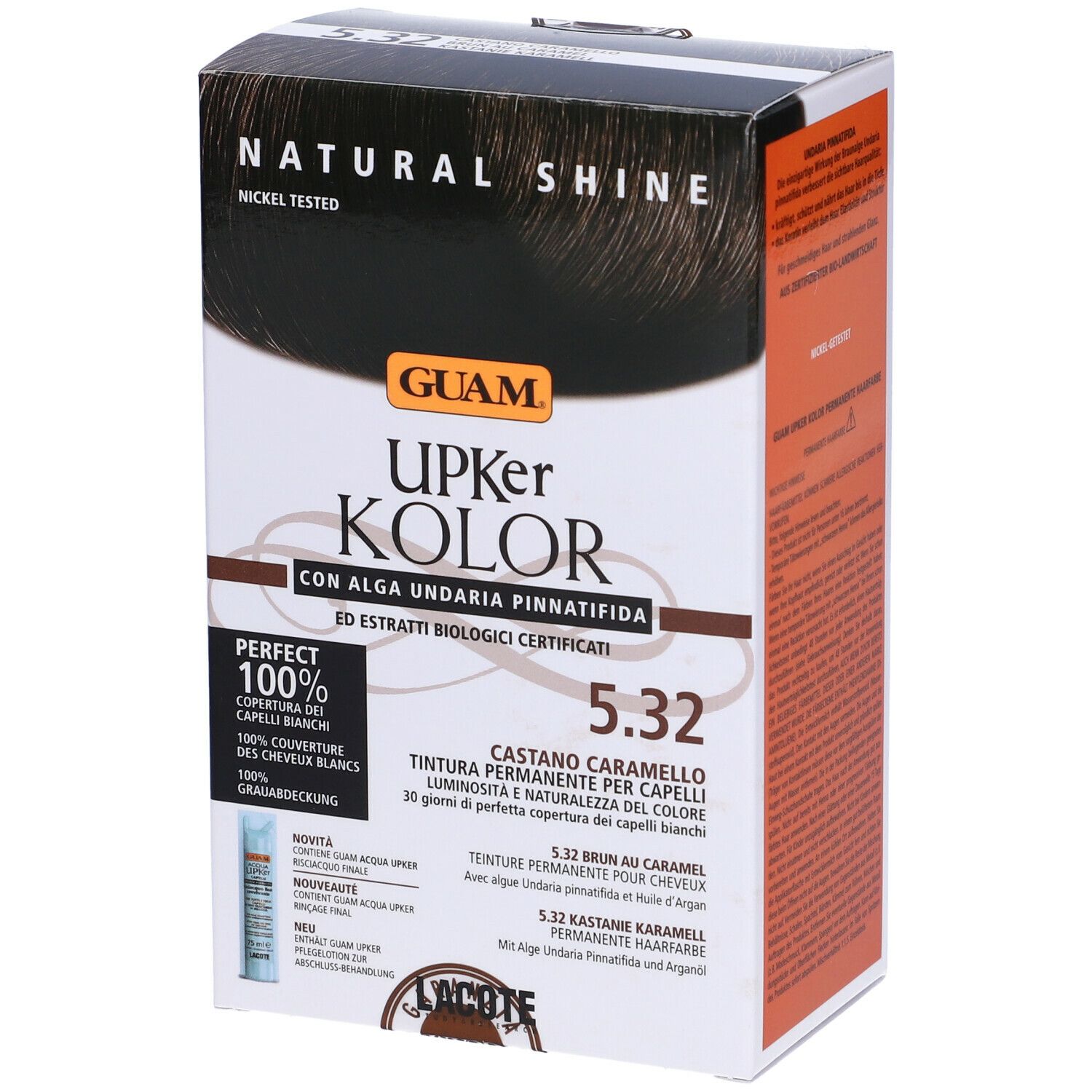 Scatola GUAM Upker Kolor 5.32 Caramello. Vista laterale. Contiene testo, nome, tonalità e logo.