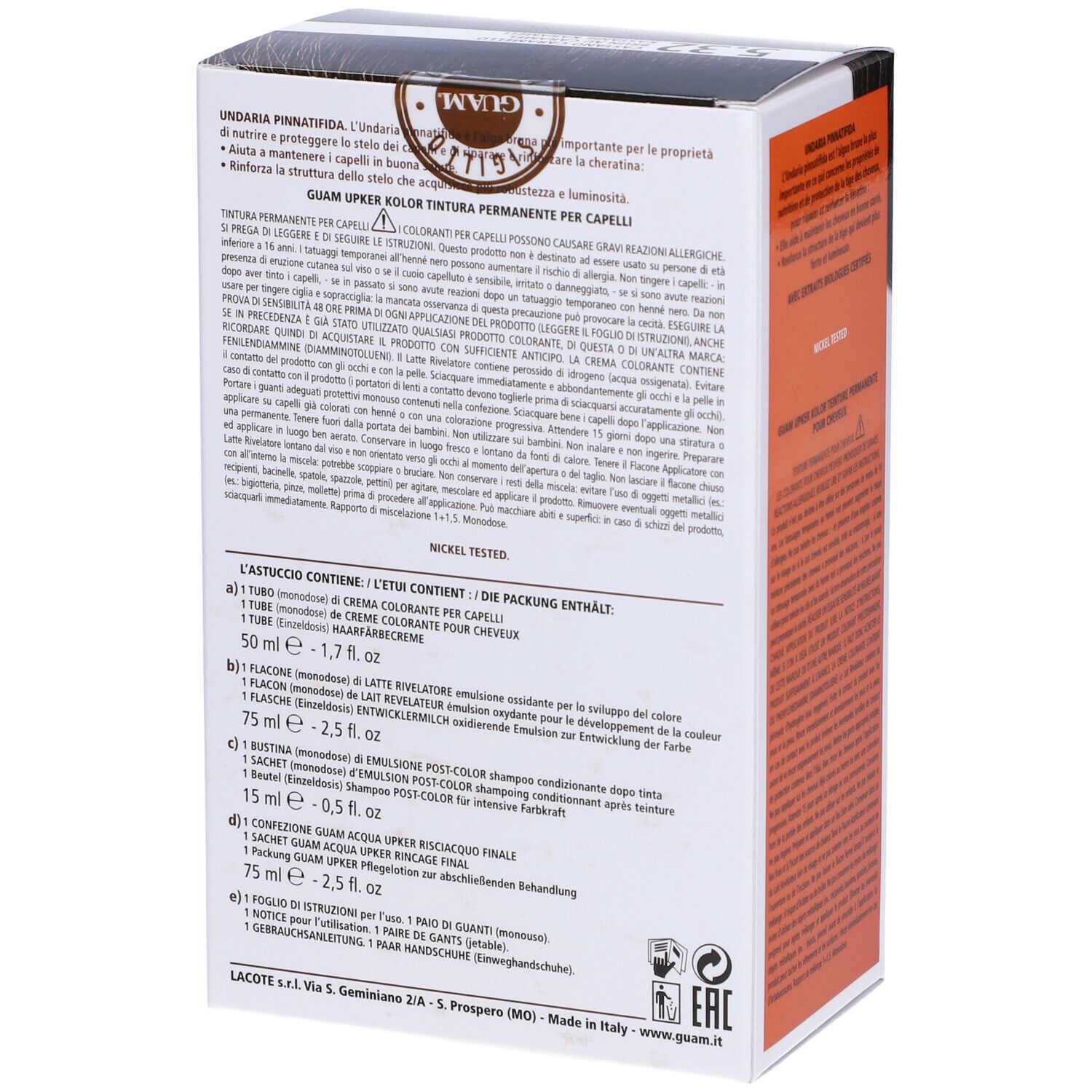 Scatola GUAM Upker Kolor 5.32 Caramello. Retro. Contiene testo, ingredienti e logo.