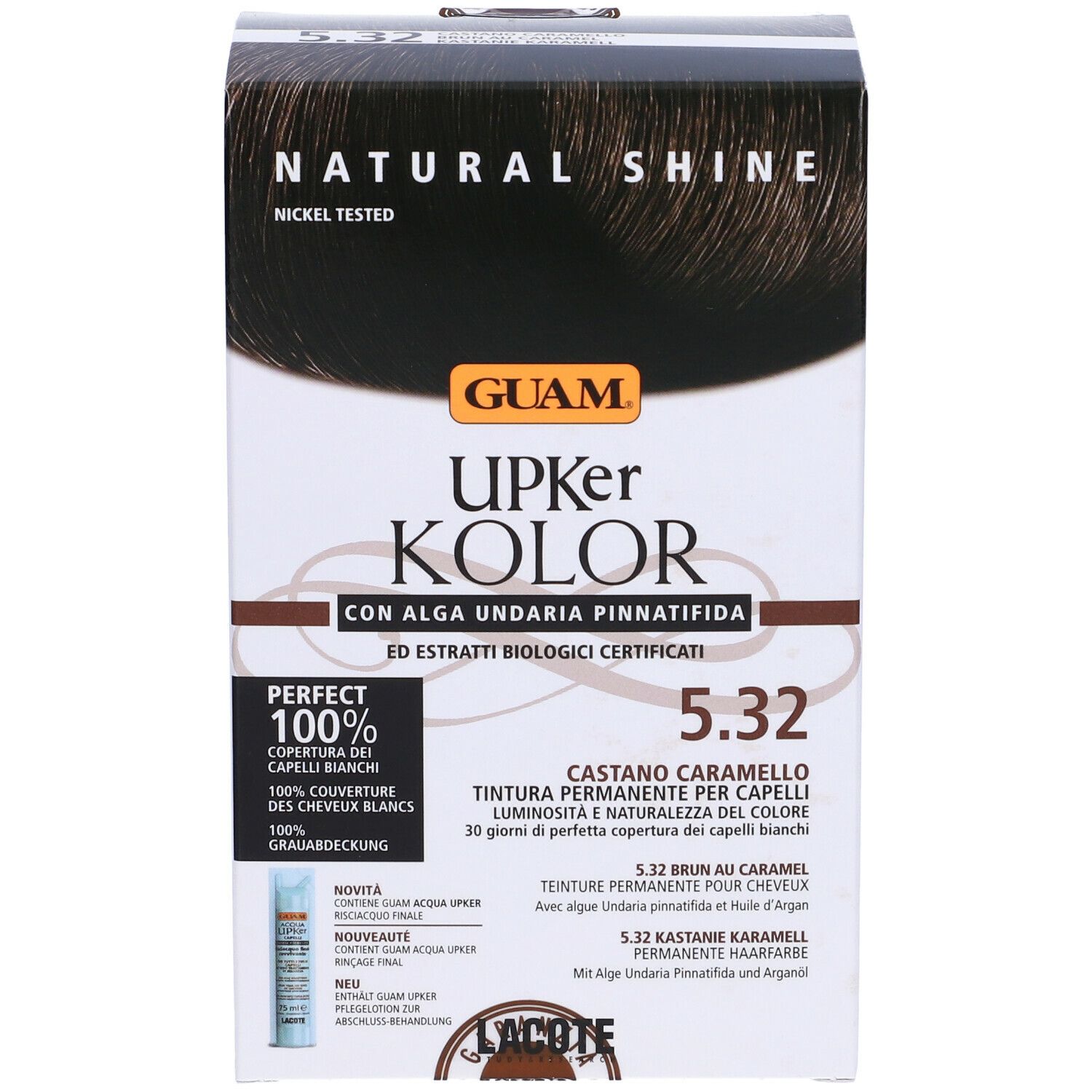 Scatola GUAM Upker Kolor 5.32 Caramello. Contiene testo, nome prodotto, tonalità e logo.